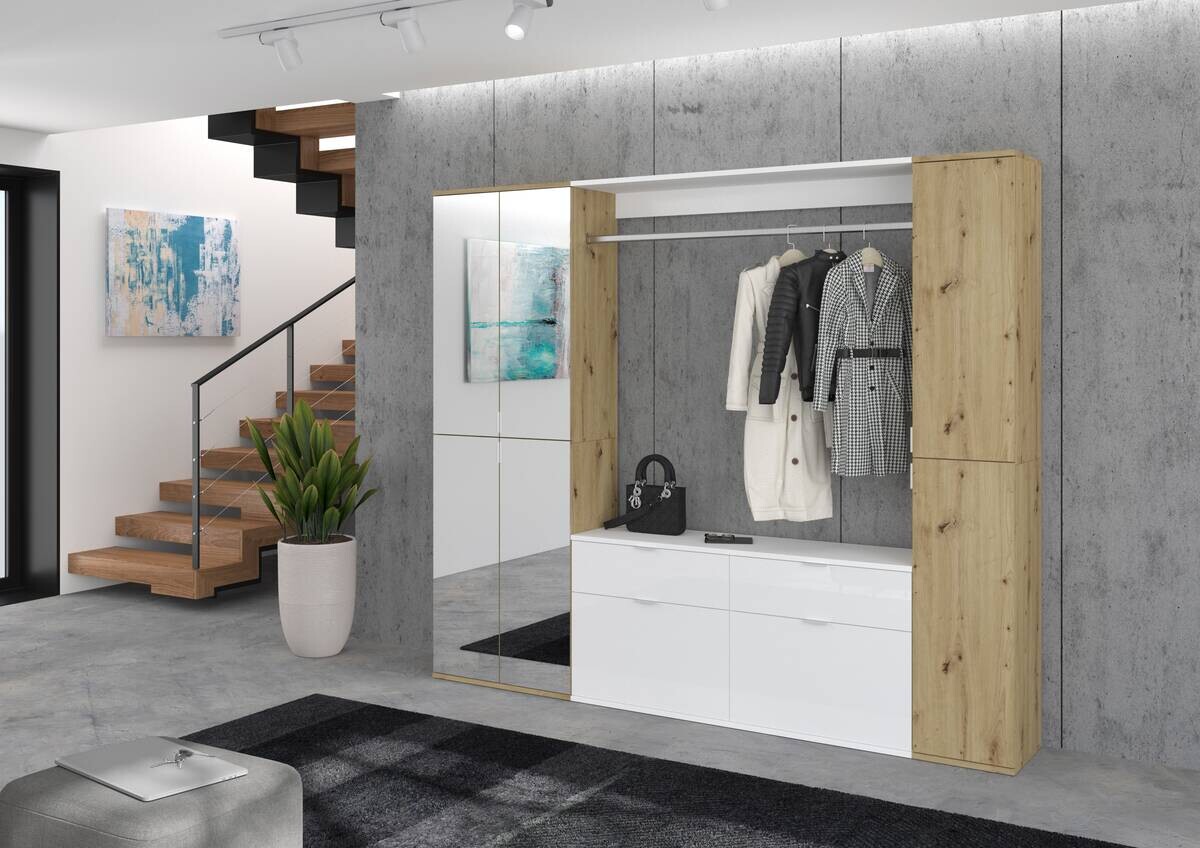 Garderobe PROJEKT Eiche Artisan Nachbildung weiß Hochglanz Spiegel B/H/T: ca. 212x193x34 cm