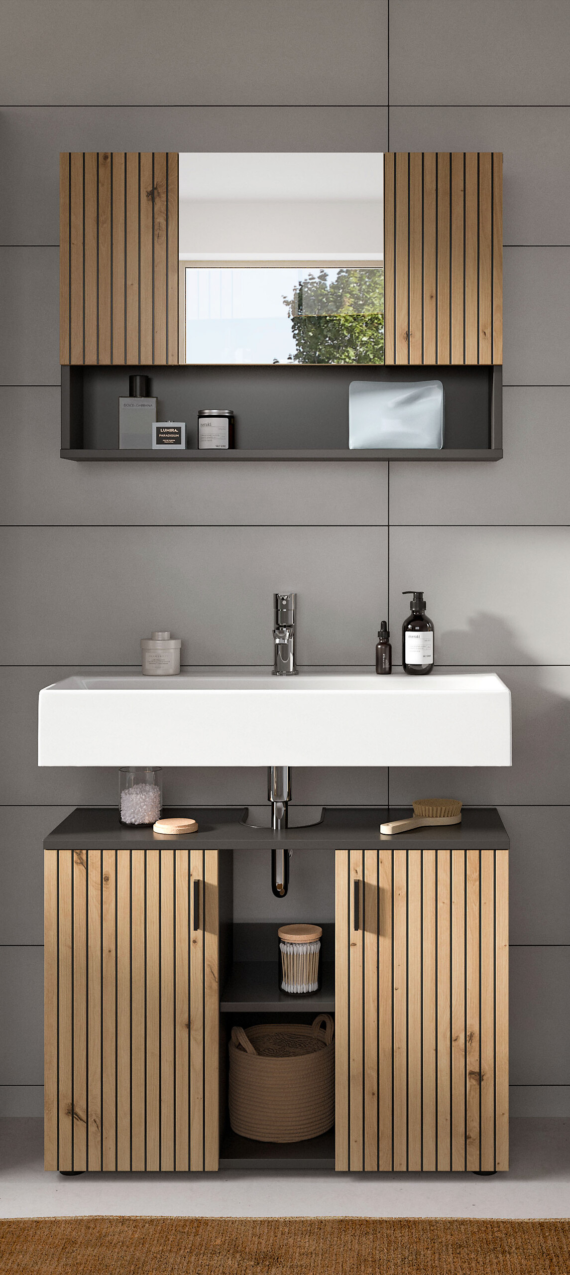 Badezimmer-Set Mone Basalt Nachbildung Artisan Oak Nachbildung B/H/T: ca. 80x180x30 cm