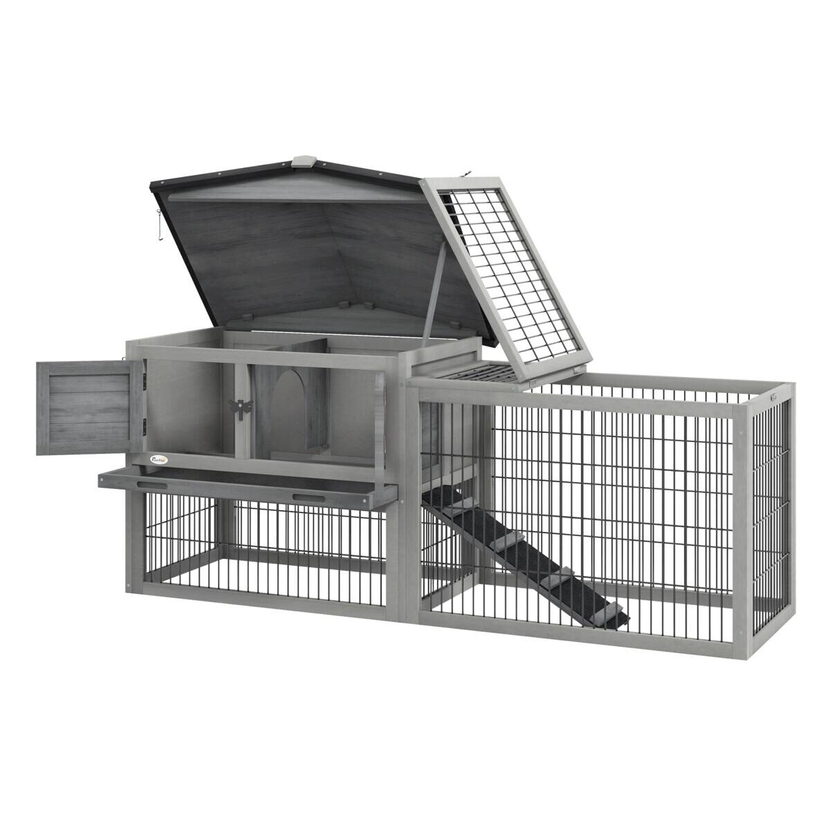 PawHut Kaninchenstall grau Holz B/H/L: ca. 52x68x150 cm