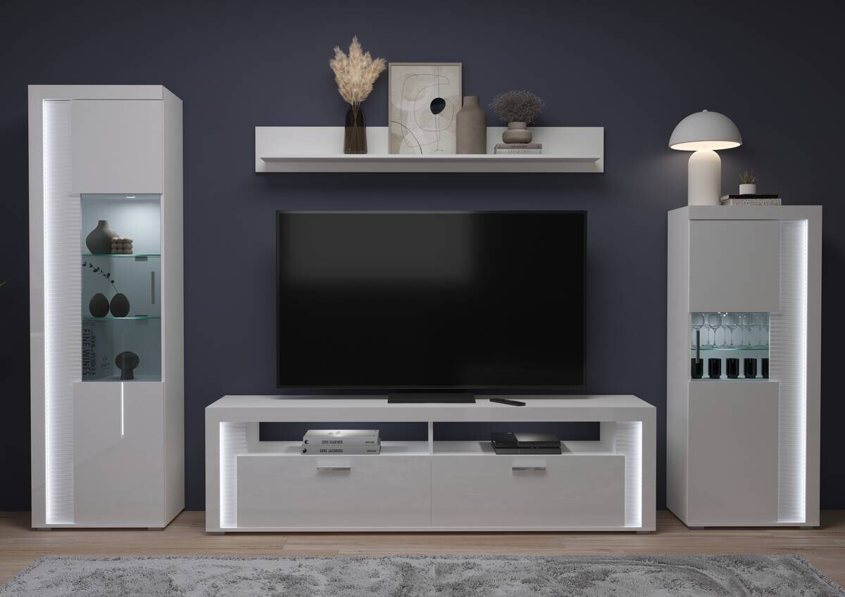 Wohnwand SKYLIGHT weiß weiß Hochglanz Pasol grau B/H/T: ca. 351x202x46 cm