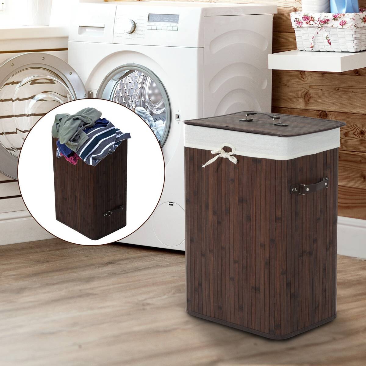 HOMCOM Wäschekorb mit 2 Tragegriffen dunkelbraun Bambus Stoff Kunststoff B/H/L: ca. 30x60x40 cm