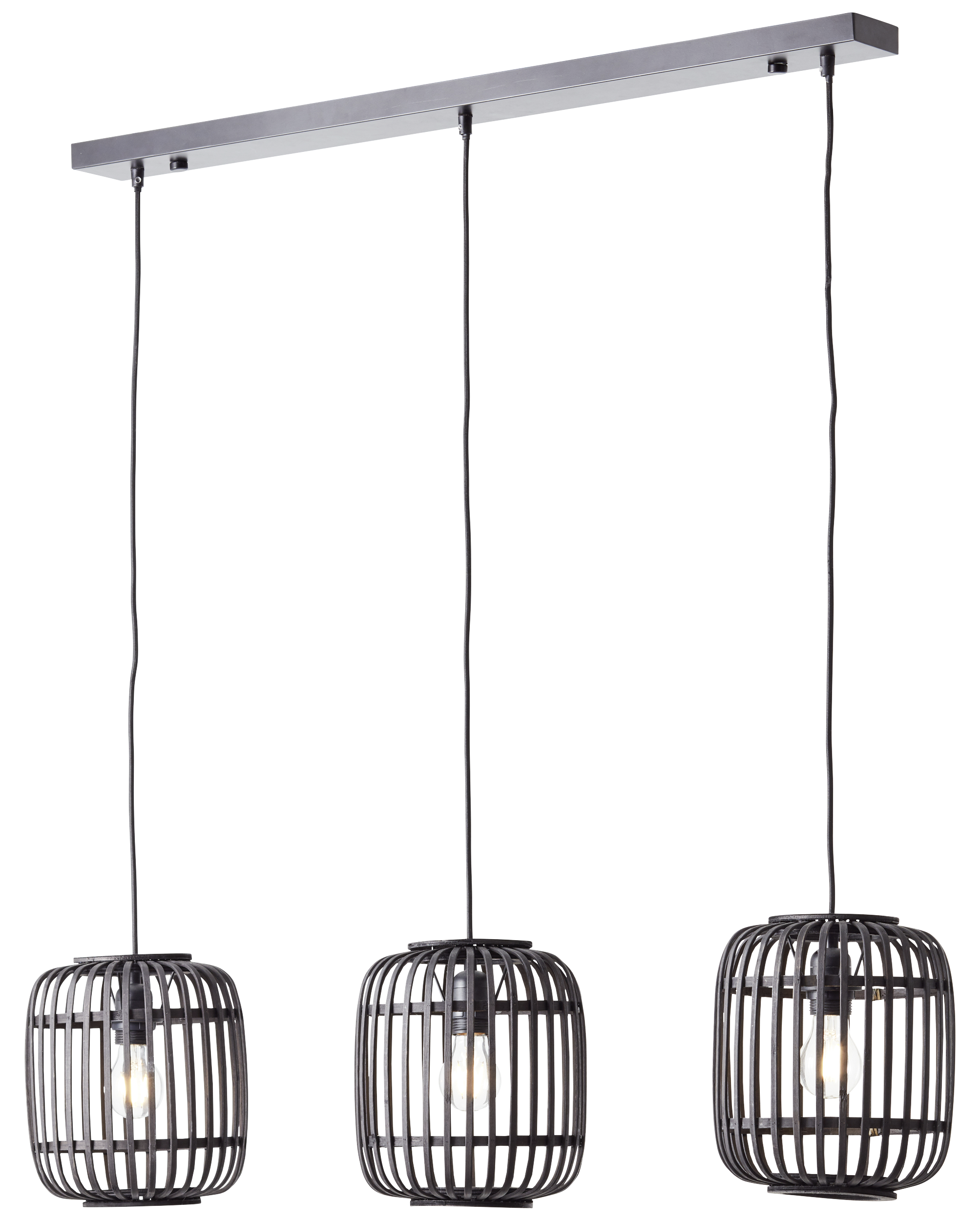 Brilliant Pendelleuchte Woodrow 93778/76 natur schwarz Bambus Metall B/H/T: ca. 105x125x21,5 cm E27 3 Brennstellen