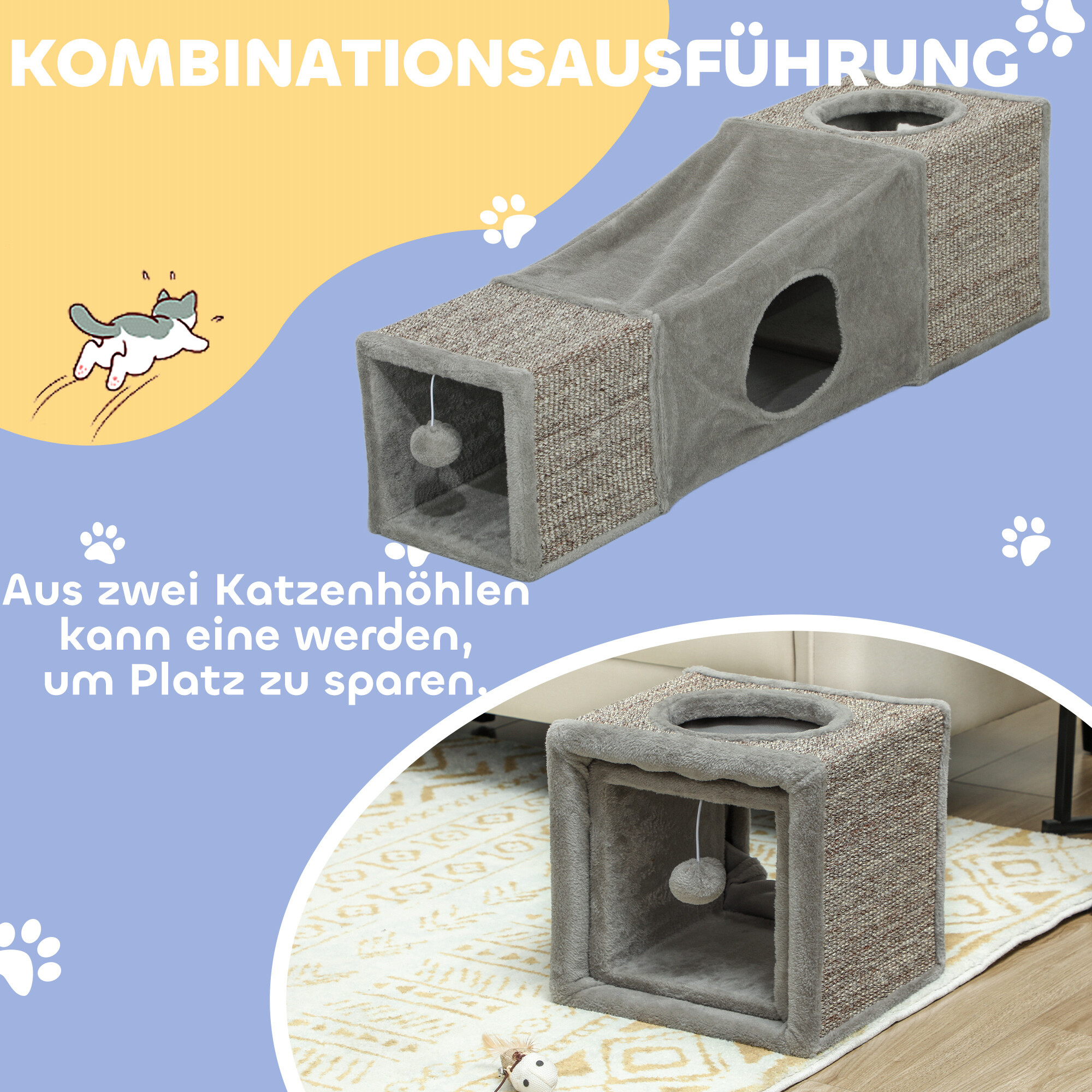 PawHut Katzentunnel grau Spanplatte B/H/L: ca. 30x30x98 cm