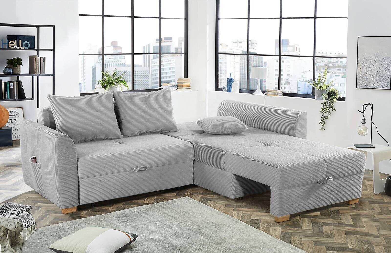 Ecksofa mit Bettfunktion und Bettkasten hellgrau B/H/T: ca. 236x81x160 cm Ecksofa mit Bettfunktion und Bettkasten hellgrau B/H/T: ca. 236x81x160 cm