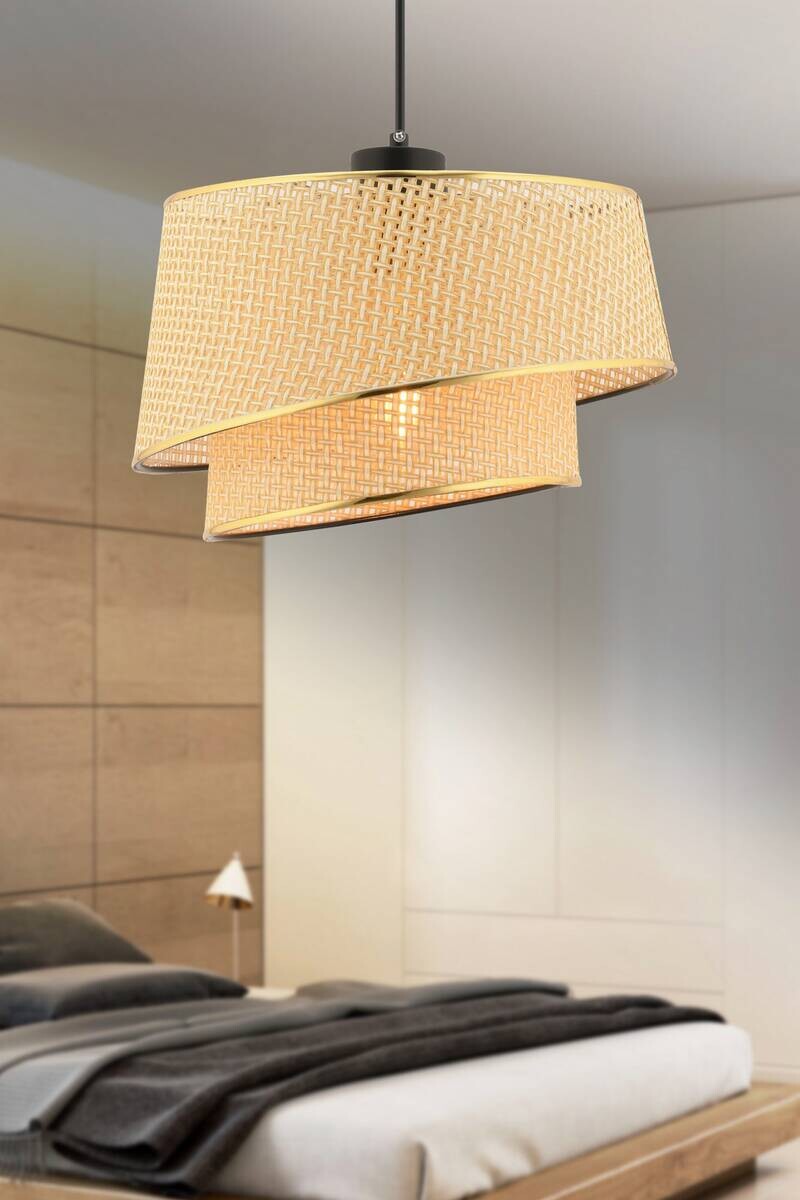 Opviq Pendelleuchte Barette kamel gold Stoff Metall B/H/L: ca. 32x65x32 cm E27 1 Brennstellen