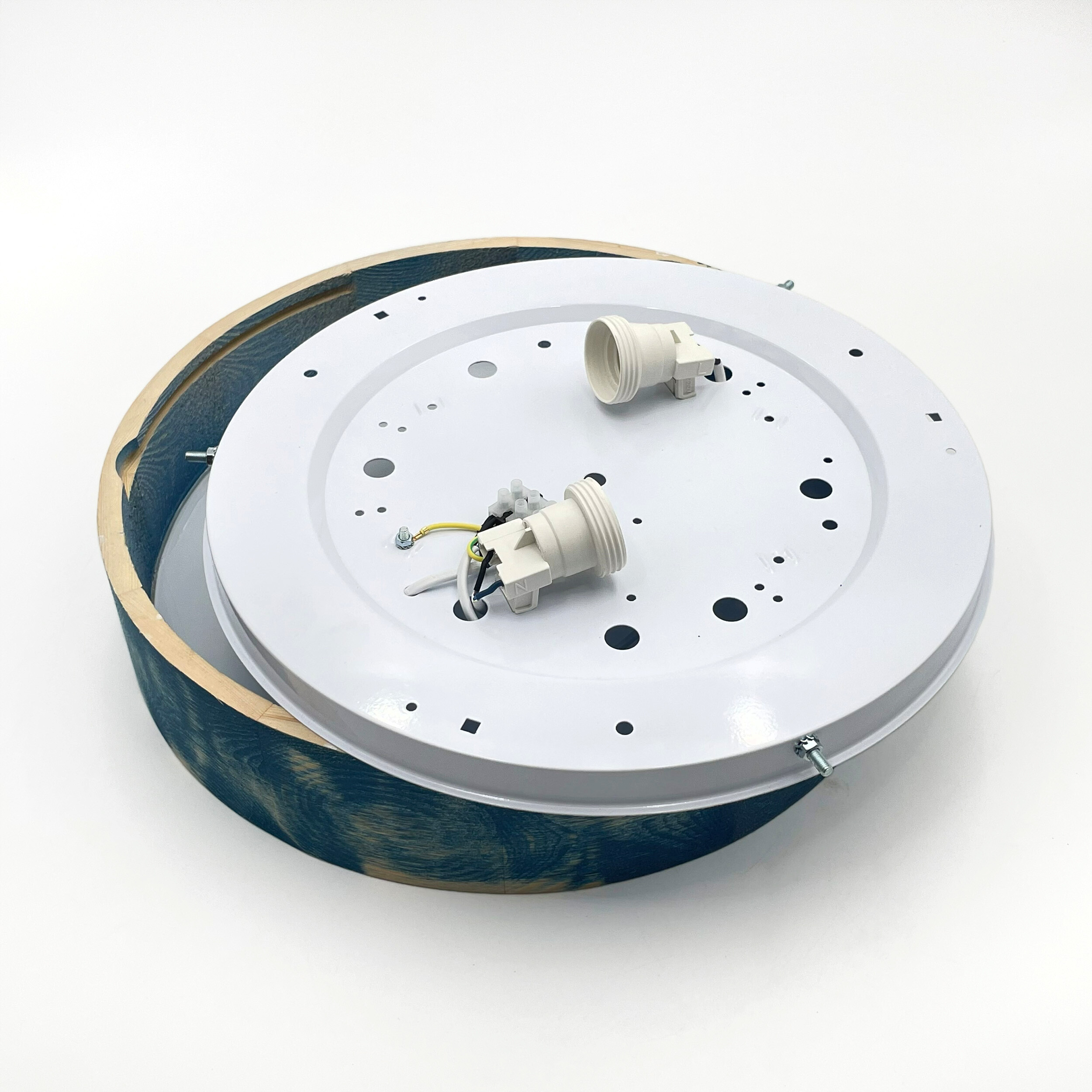 Lamkur Deckenleuchte blau hellbraun Glas Holz B/H/L: ca. 38x38x10 cm 2 Brennstellen