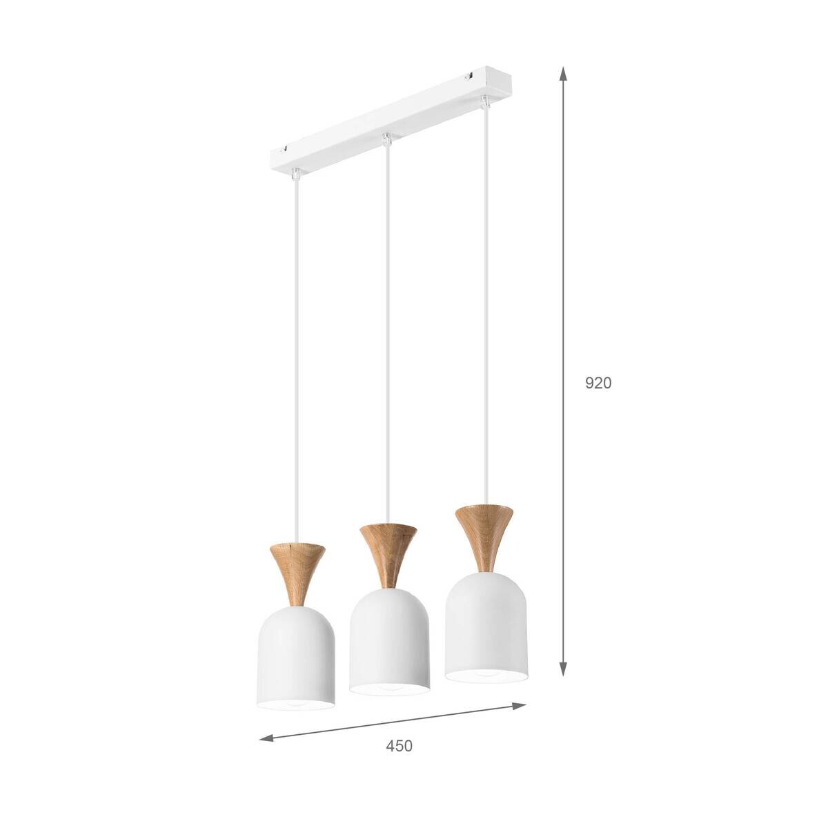 Lamkur Hängeleuchte weiß Eiche Stahl Holz B/H/L: ca. 15,5x92x45 cm E27 3 Brennstellen