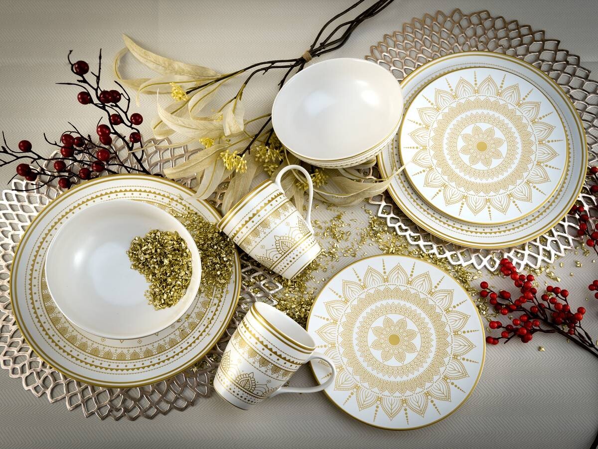 CreaTable Kombiservice MANDALA GOLD weiß Steinzeug 16 tlg.