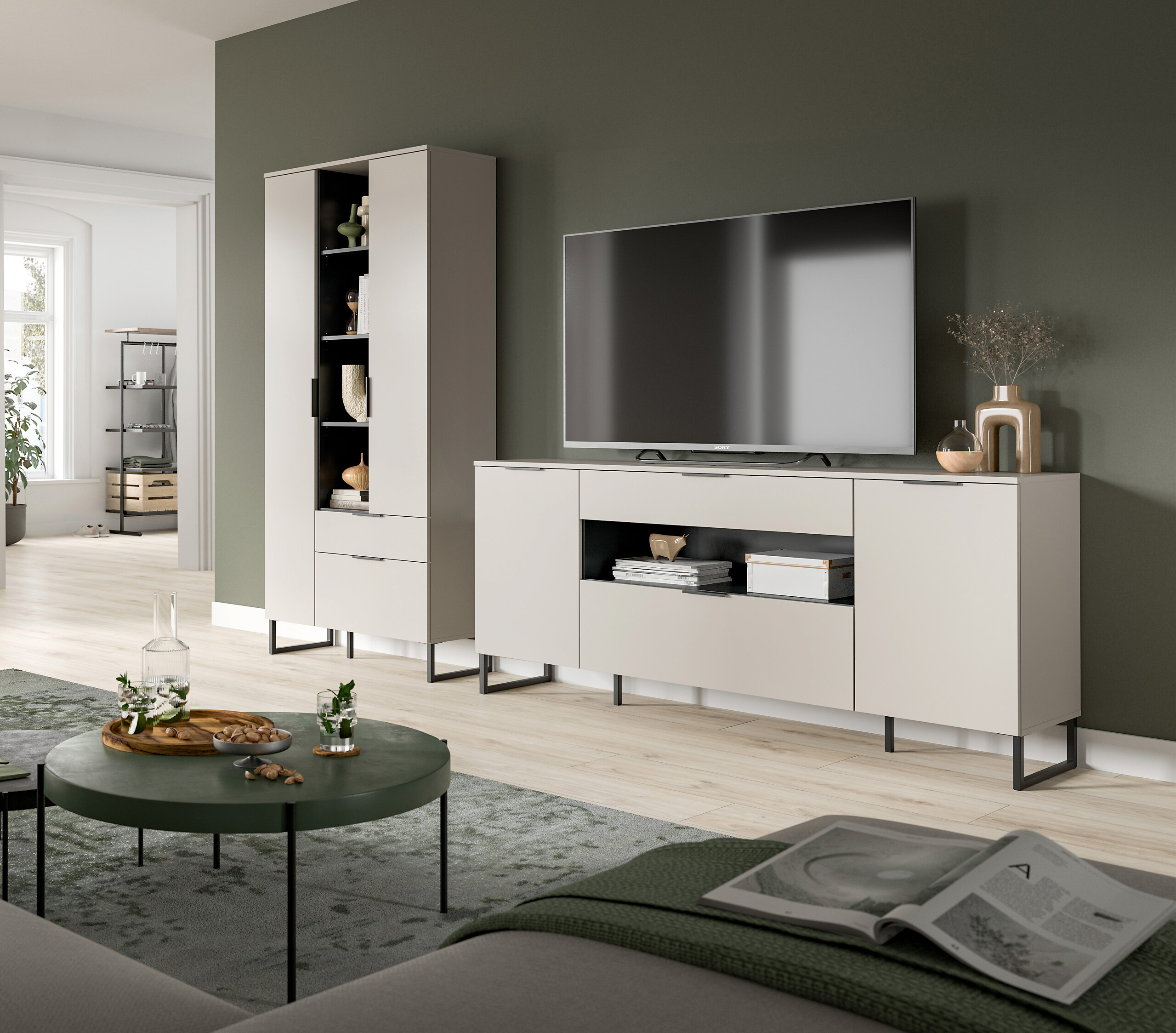 Wohnwand Noida Kaschmirgrau Nachbildung schwarz B/H/T: ca. 240x192x41 cm