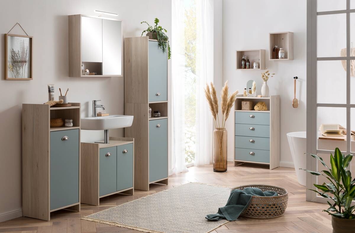 Waschbeckenunterschrank Lindholm Sandeiche Nachbildung taubenblau B/H/T: ca. 56,9x62,4x33 cm