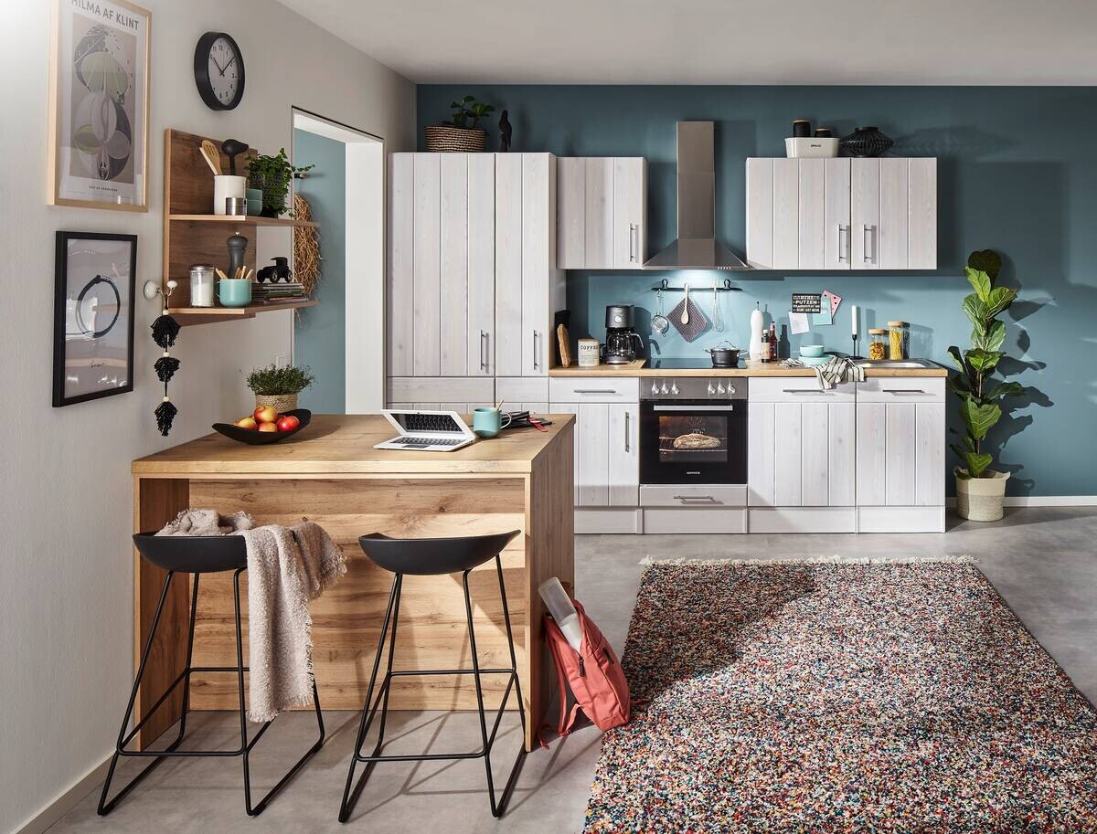 Respekta Inselküche Anton weiß Lärche Nachbildung B/H/T: ca. 310x211x60 cm