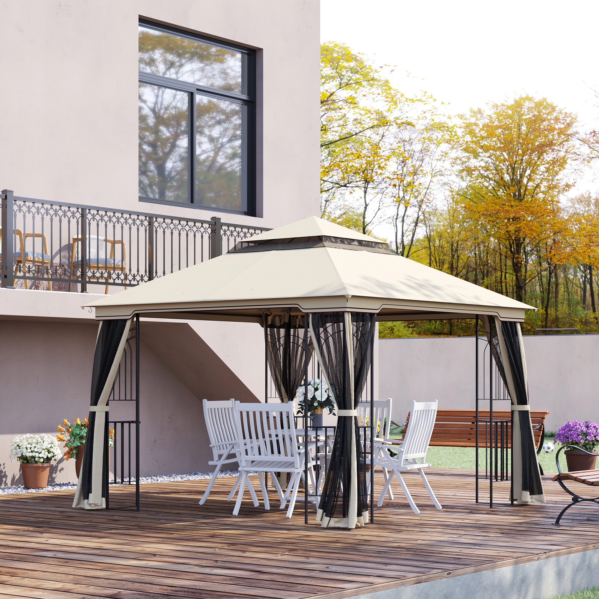 Outsunny Pavillon mit Doppeldach beige Metall B/H/L: ca. 299x274x299 cm