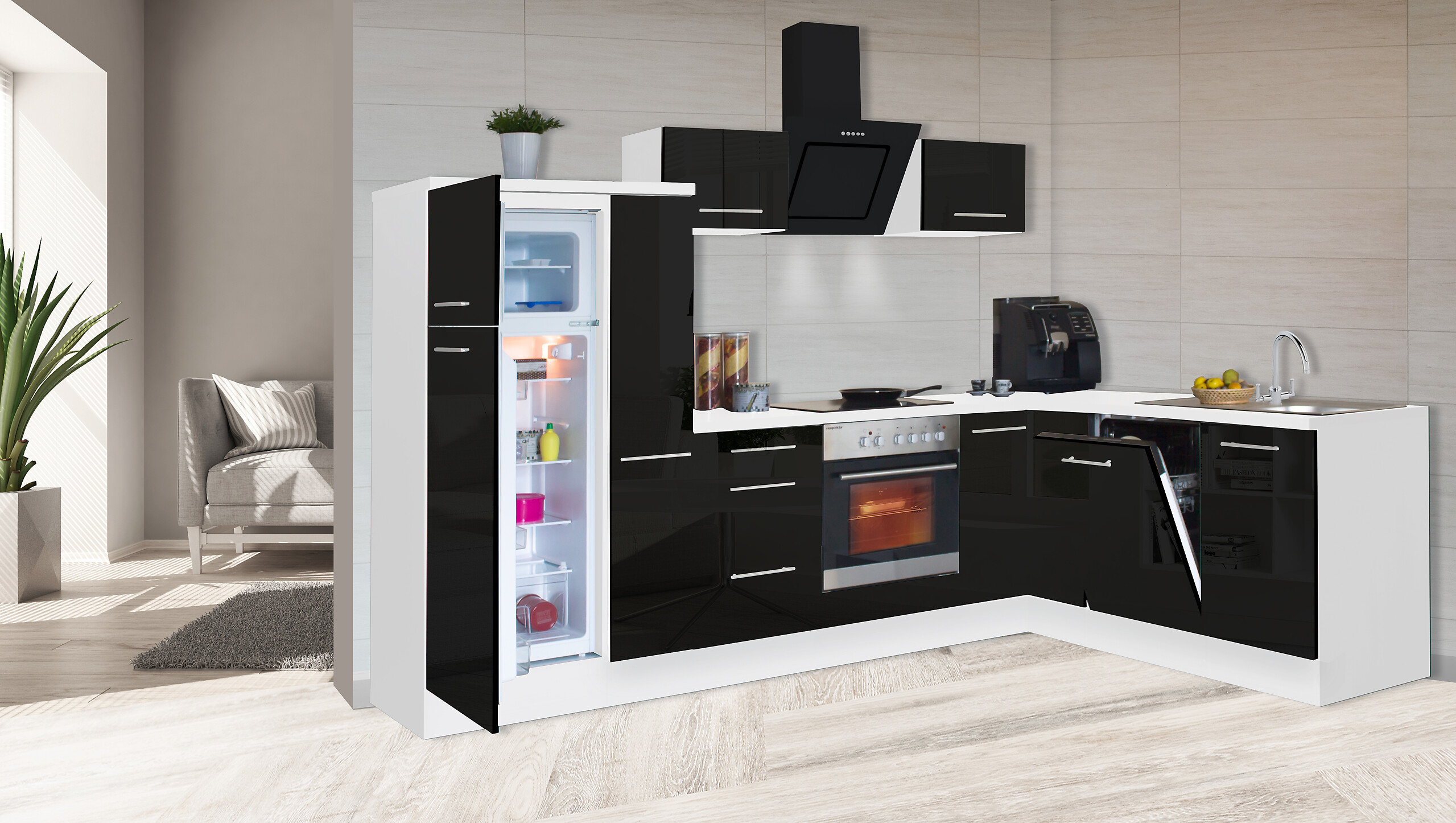 Respekta Winkelküche Amanda schwarz Hochglanz B/T/L: ca. 290x60x200 cm