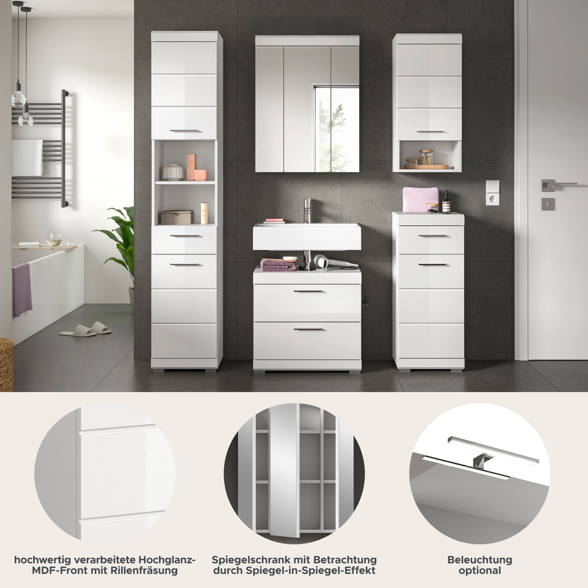 Badezimmer-Set Scout weiß weiß Hochglanz B/H/T: ca. 164x191x34 cm