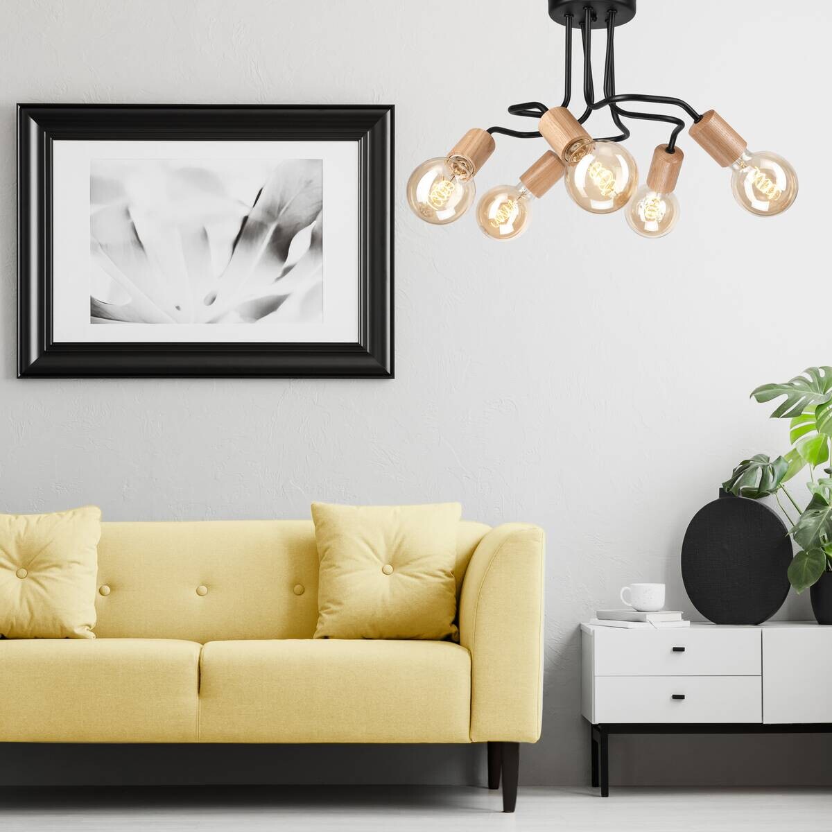 Lamkur Deckenleuchte CONOR 47423 Eiche schwarz Stahl Holz H/L: ca. 26x44 cm E27 5 Brennstellen