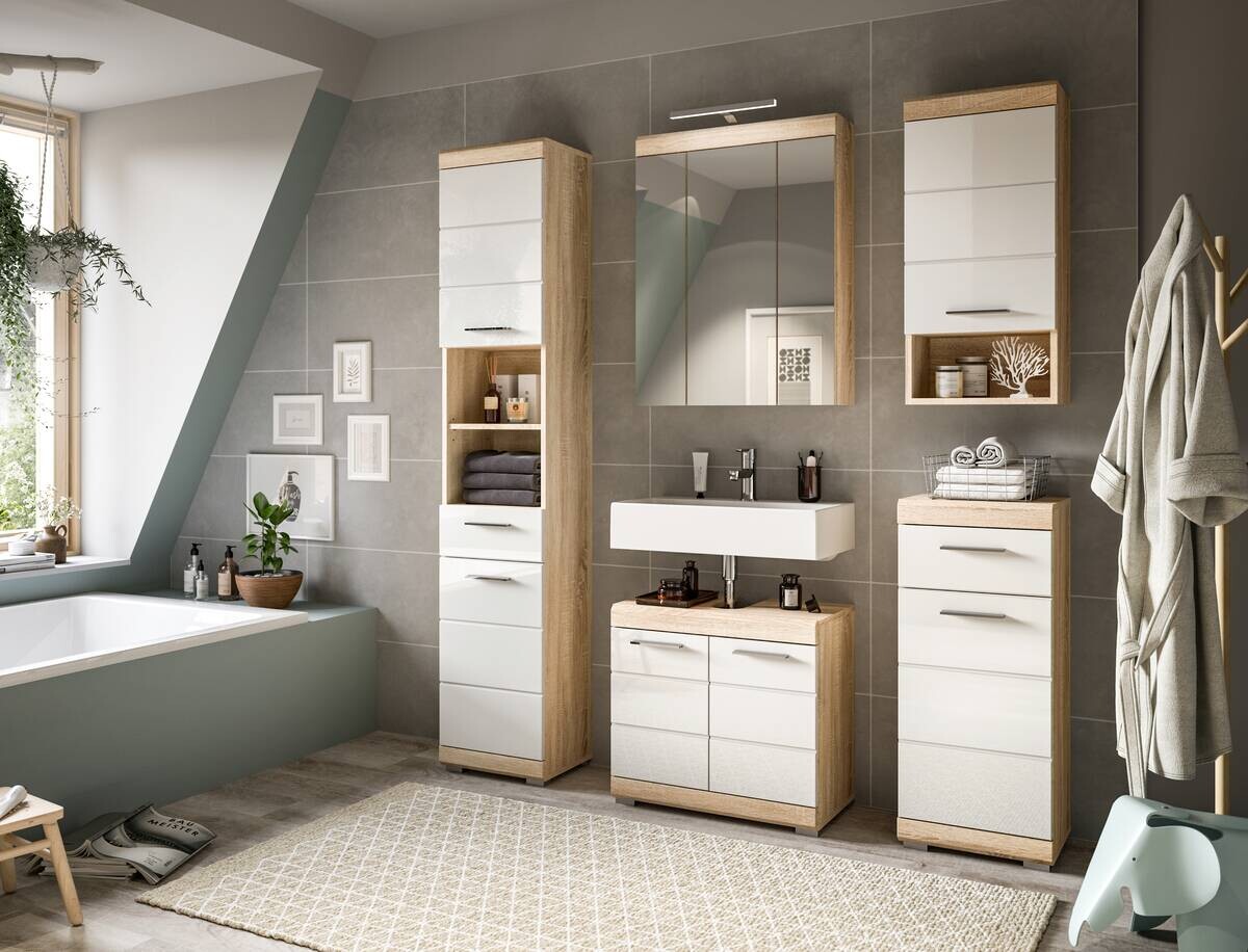 Badkommode LAMBADA Eiche Sonoma hell Nachbildung weiß Hochglanz B/H/T: ca. 37x88x31 cm