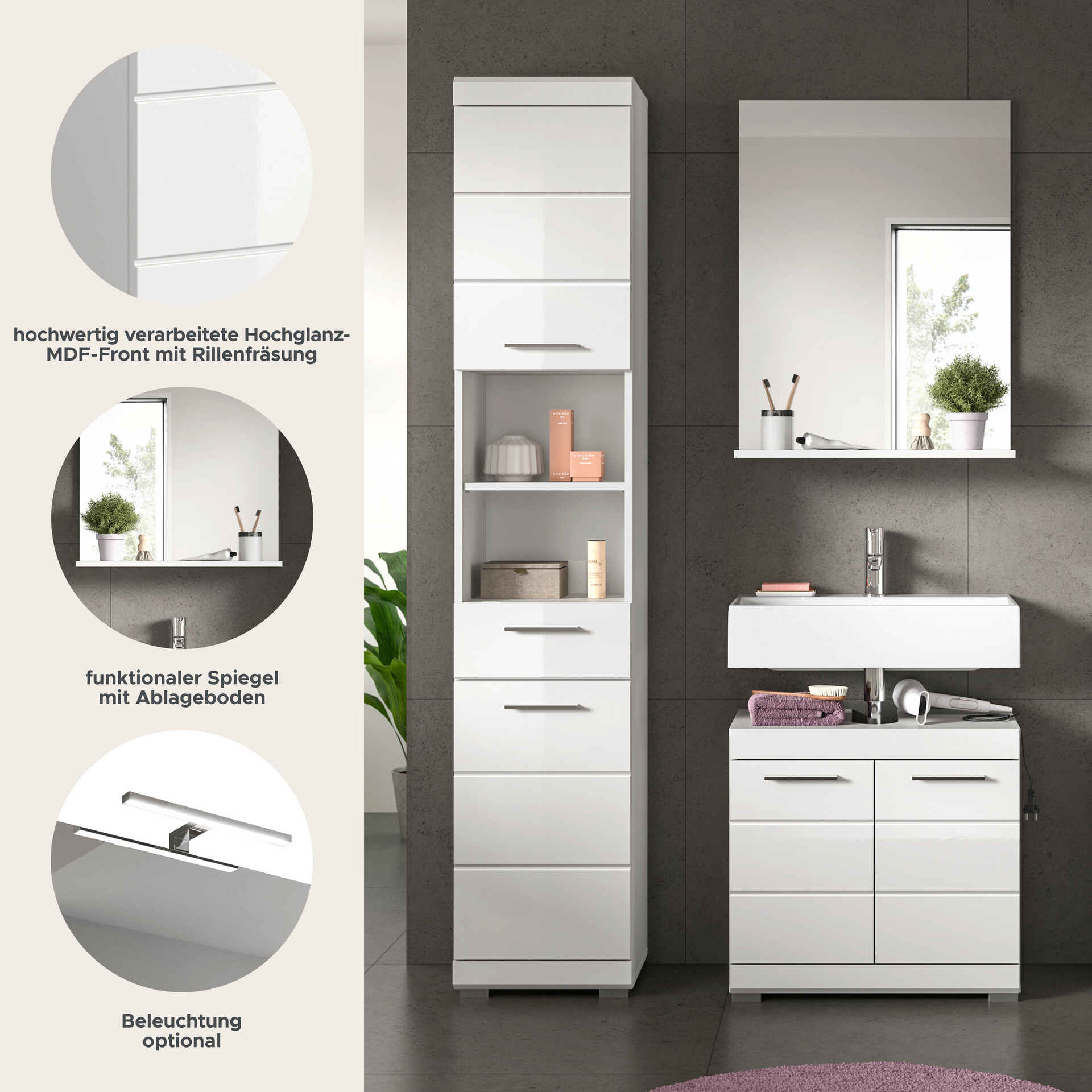 Badezimmer-Set Scout weiß weiß Hochglanz B/H/T: ca. 112x191x34 cm