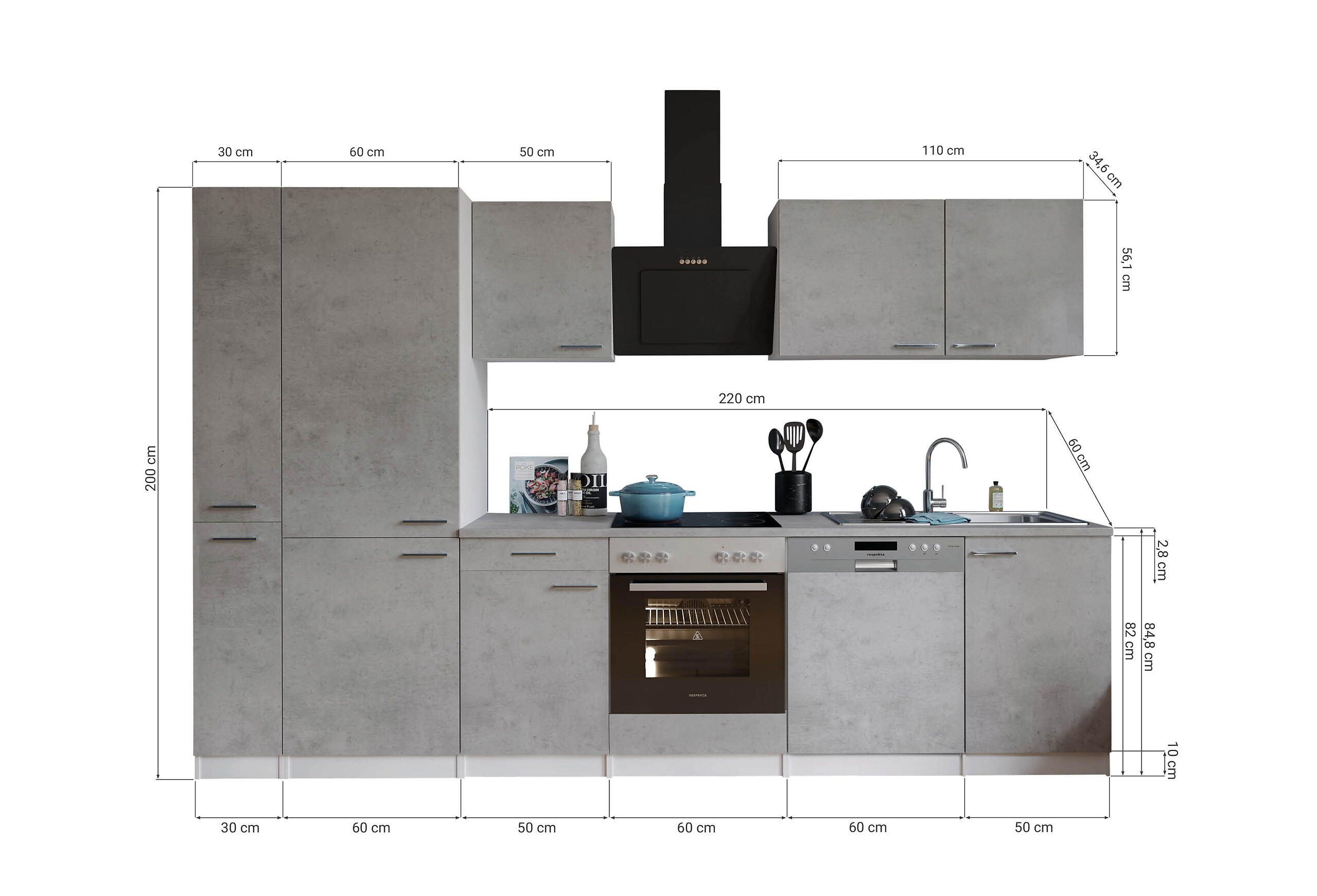 Respekta Küchenblock Malia Beton Optik B/H/T: ca. 310x200x60 cm