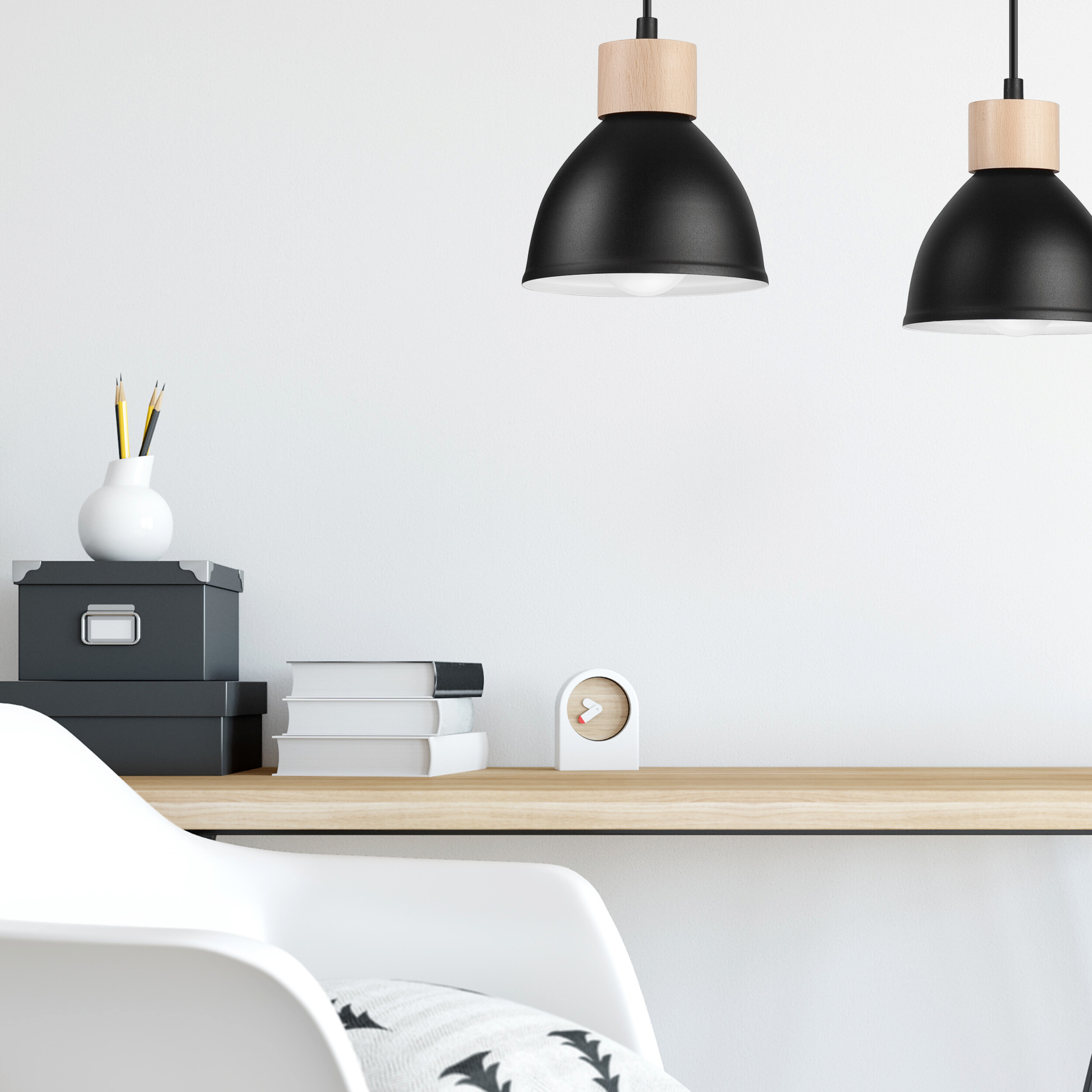 Lamkur Pendelleuchte schwarz Stahl Holz B/H/L: ca. 13x82x48 cm E27 2 Brennstellen