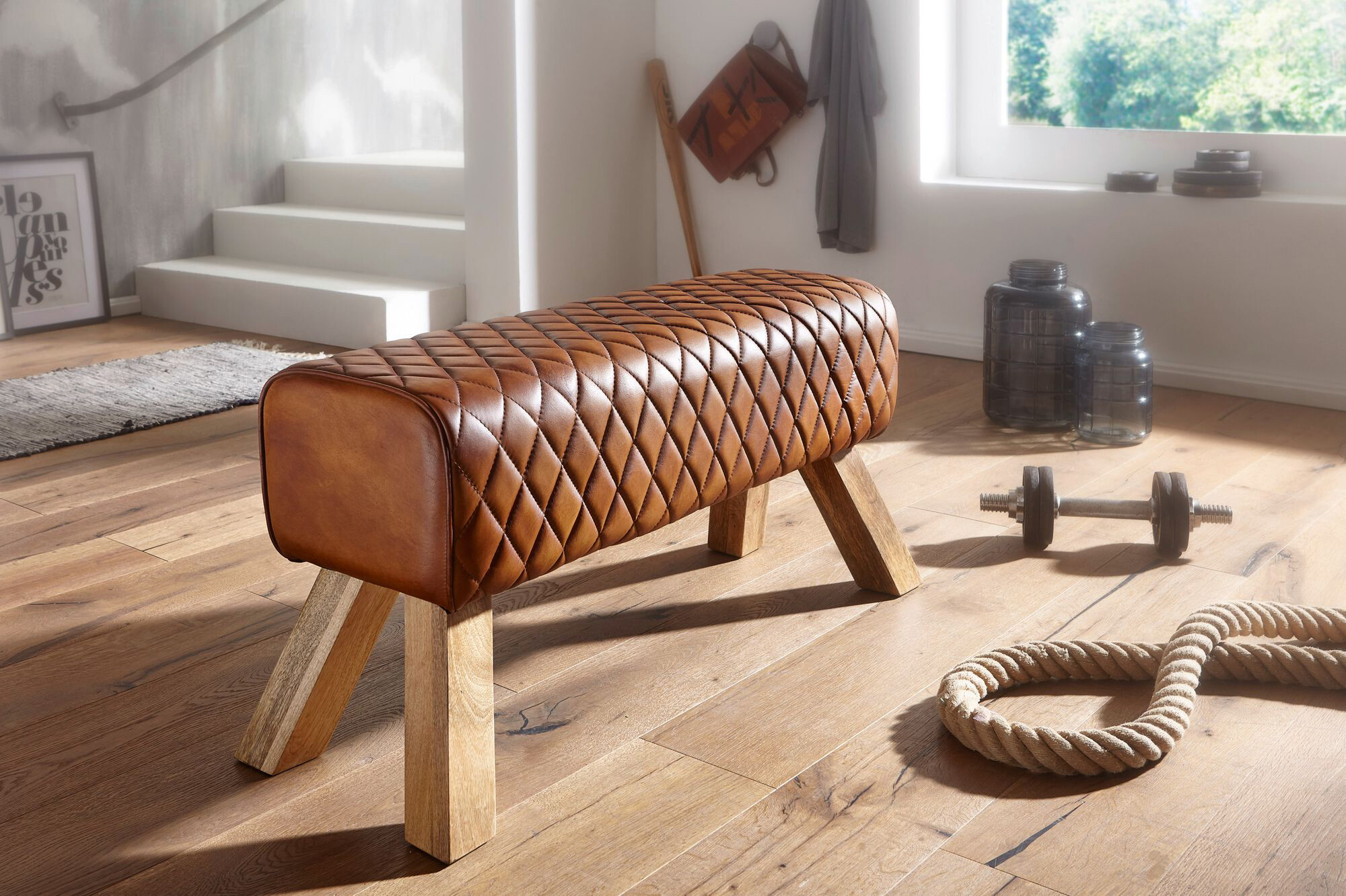 Wohnling Sitzbank braun natur Leder Echtholz B/H/T: ca. 89x46x35 cm