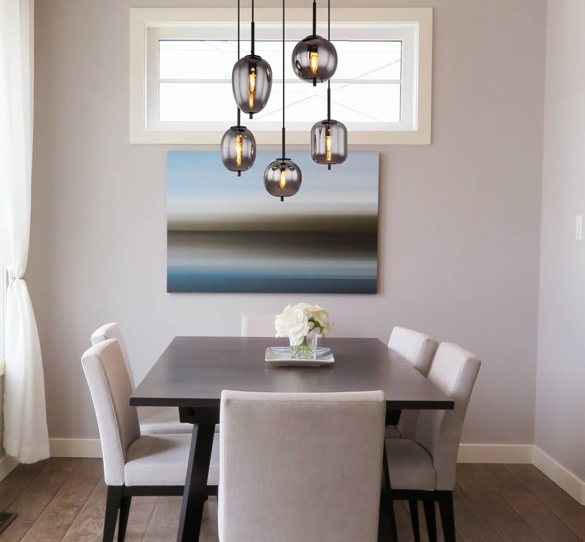 GLOBO Pendelleuchte Blacky 15345-5 schwarz natur Rauch Metall Aluminium Glas H/D: ca. 150x57,5 cm E14 5 Brennstellen