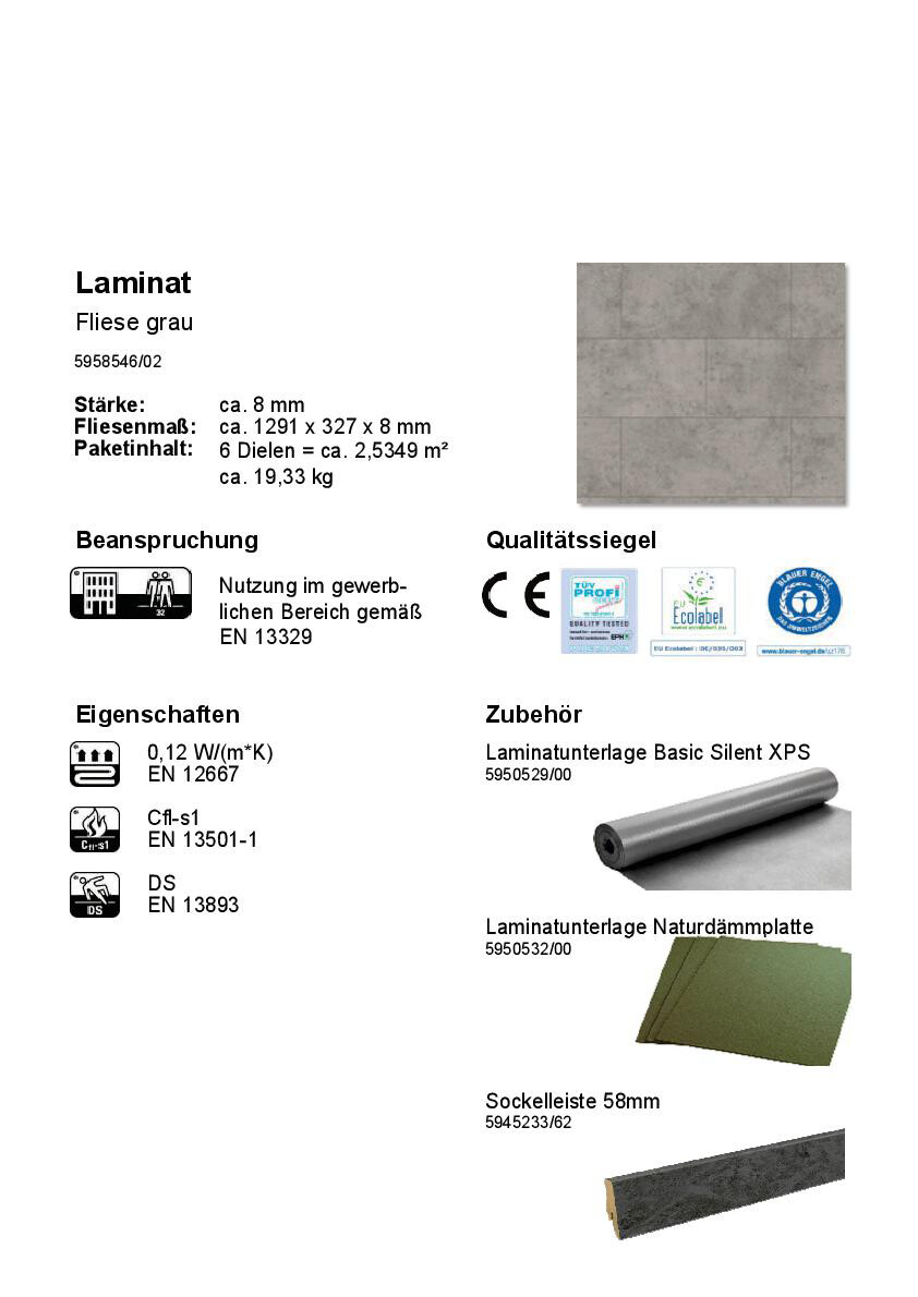 Laminatboden Fliese grau ca. 2,5349m² im Paket  B/L: ca. 34x130,5 cm pro Paket