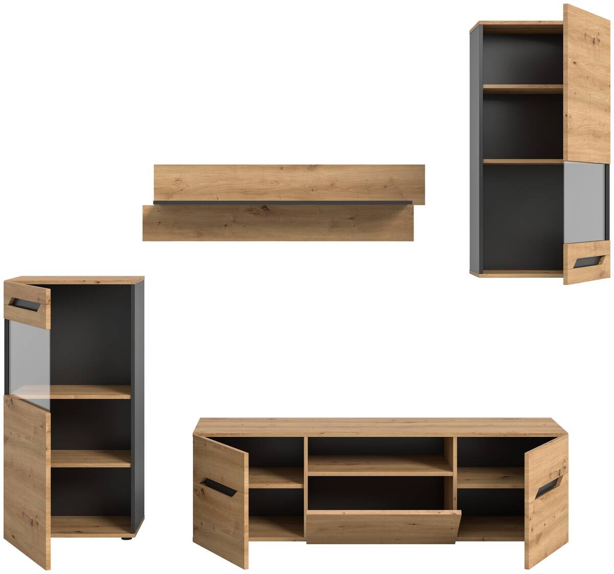 Wohnwand Caserta basaltgrau Nachbildung Artisan Oak Nachbildung B/H/T: ca. 253x196x40 cm