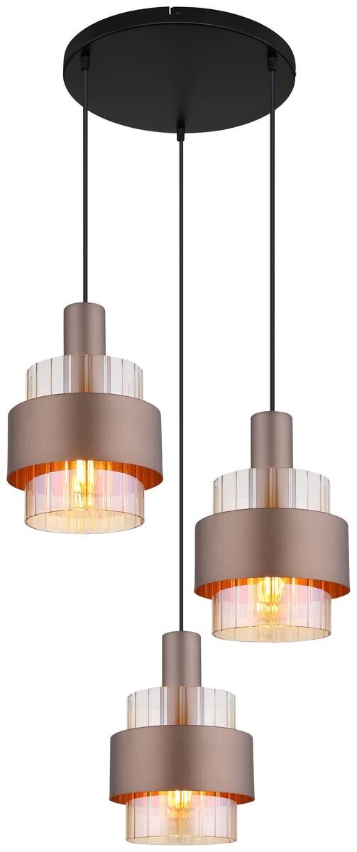 GLOBO Pendelleuchte amber schwarz Glas Metall H/D: ca. 150x45 cm E27 3 Brennstellen