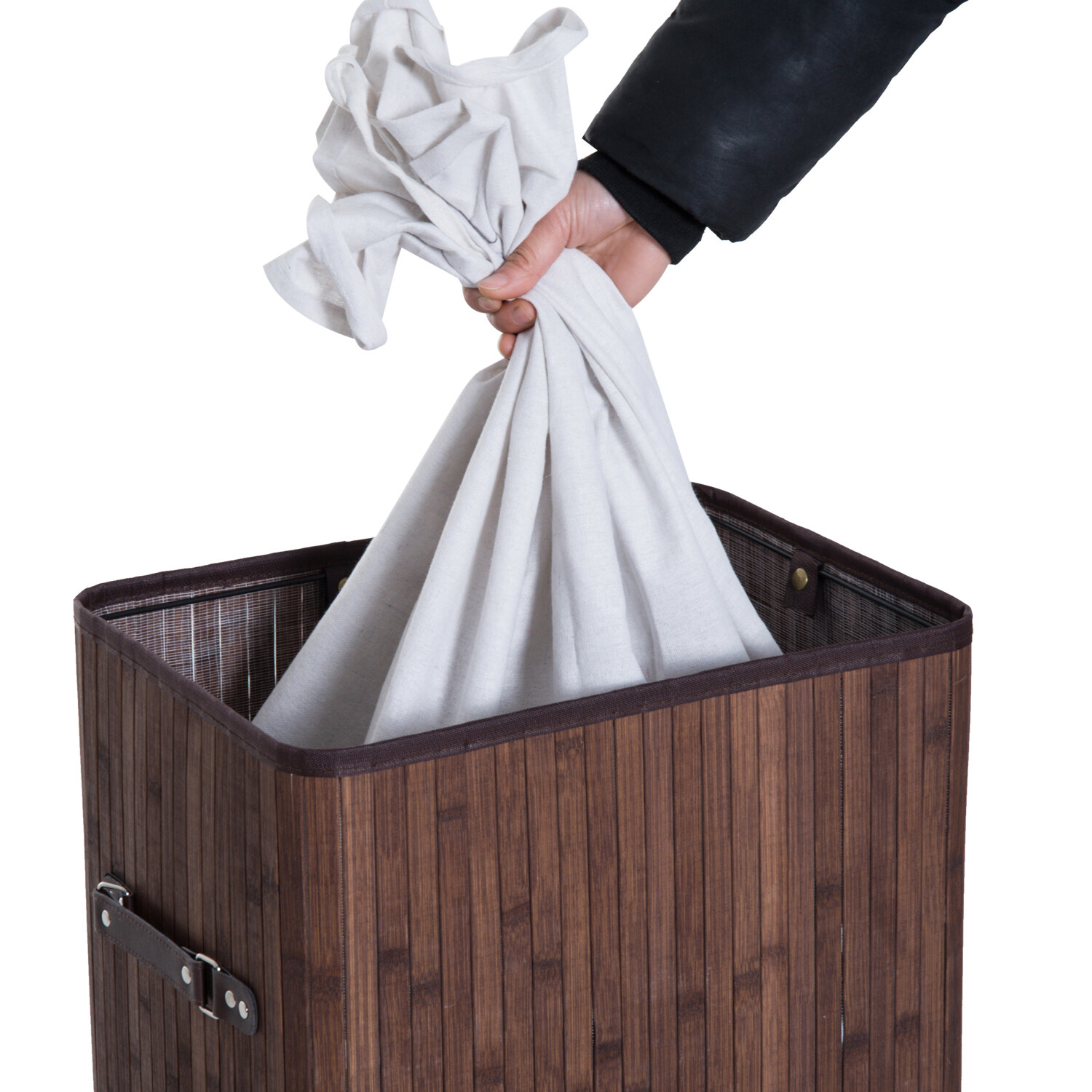 HOMCOM Wäschekorb mit 2 Tragegriffen dunkelbraun Bambus Stoff Kunststoff B/H/L: ca. 30x60x40 cm