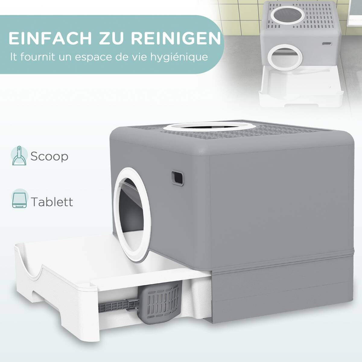 PawHut Katzentoilette grau Kunststoff B/H/L: ca. 41x38,5x52 cm