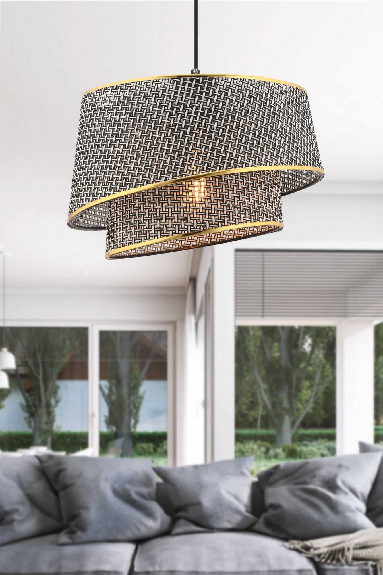 Opviq Pendelleuchte Barette gold grau Stoff Metall B/H/L: ca. 32x65x32 cm E27 1 Brennstellen