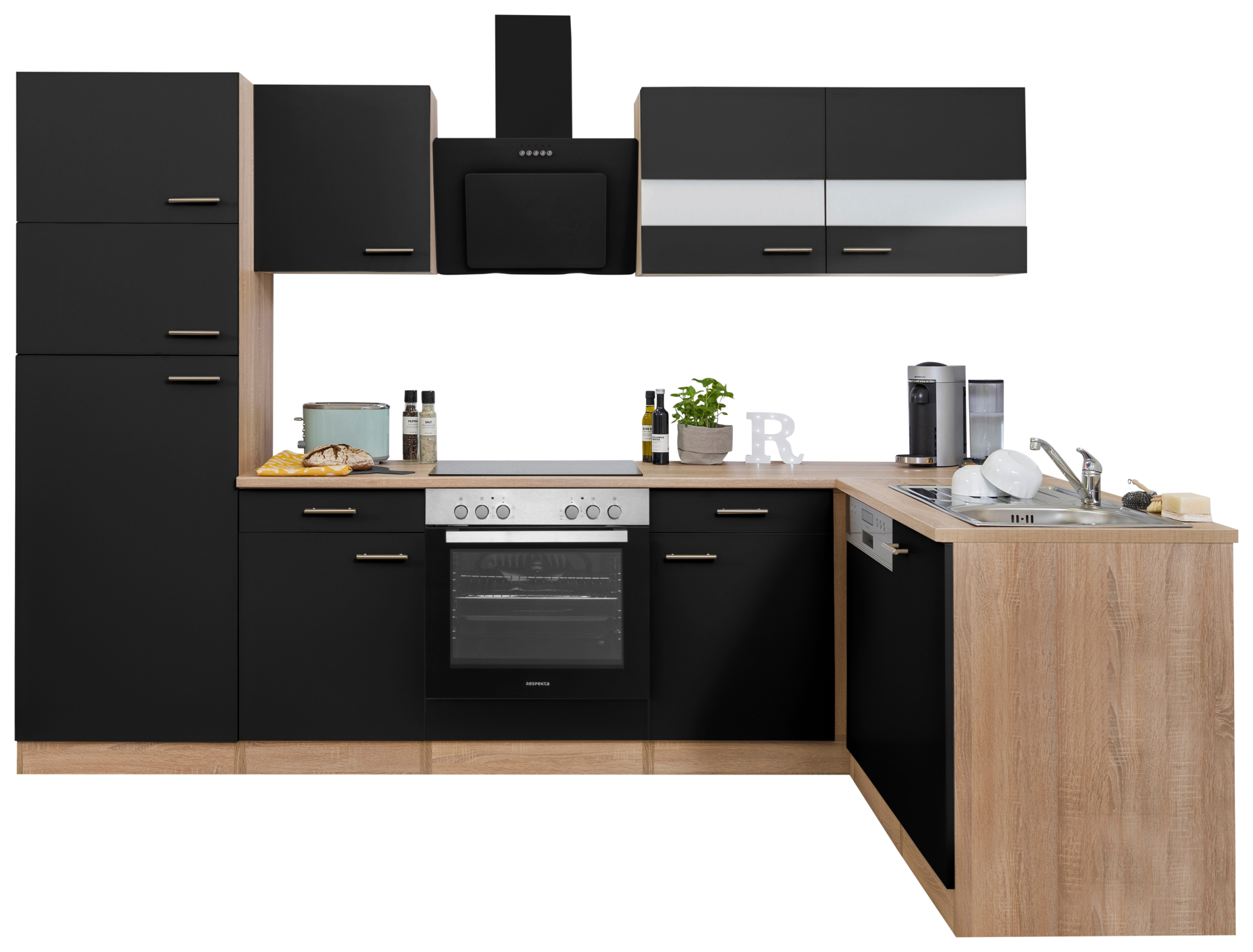 Respekta Winkelküche Economy schwarz matt B/H/T: ca. 280x200x172 cm