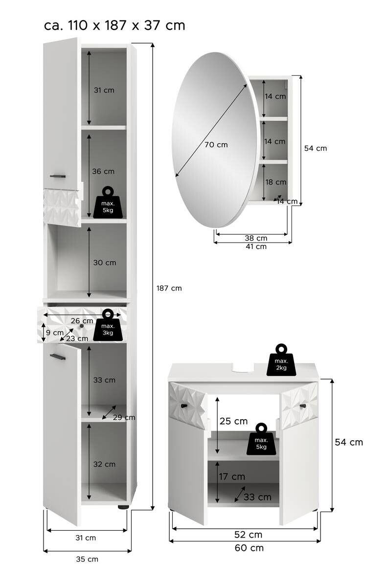 Badezimmer-Set Prisma weiß B/H/T: ca. 110x187x37 cm