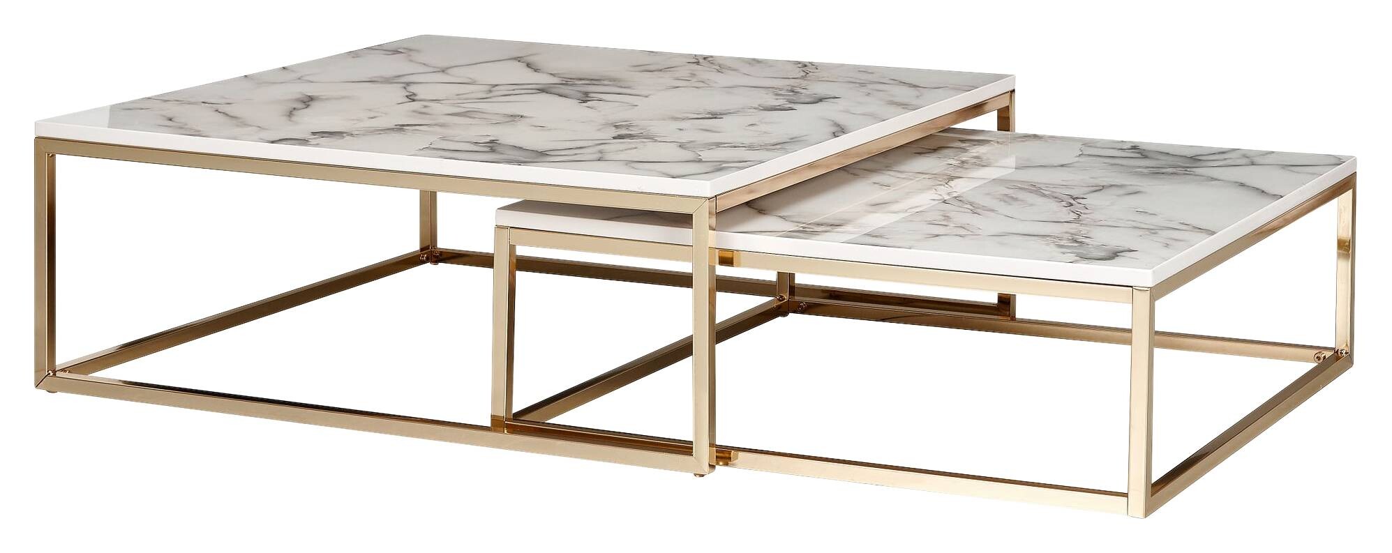 Wohnling Couchtisch 2er-Set. weiß Marmor gold MDF Stahl