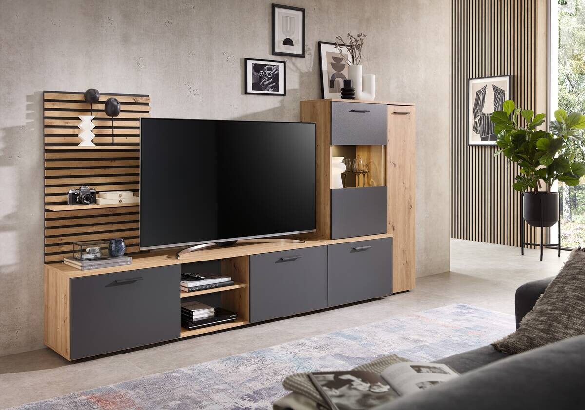 Wohnwand Heathrow Eiche Artisan Nachbildung anthrazit B/H/T: ca. 250x135x38 cm