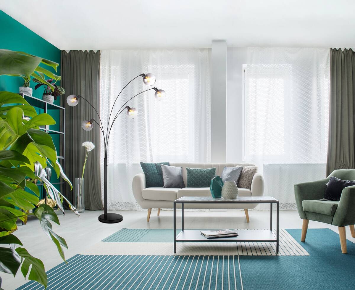 Stehleuchte Seymour schwarz Rauchglas B/H/L: ca. 110x208x98 cm E27 5 Brennstellen