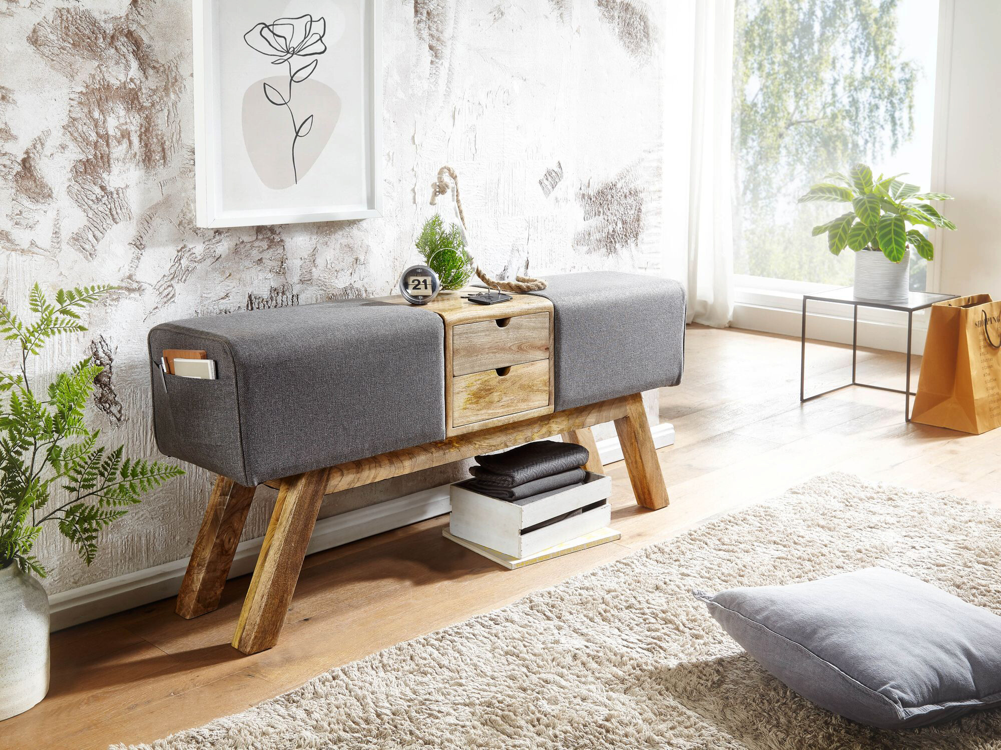 Wohnling Sitzbank grau natur Stoff Echtholz B/H/T: ca. 120x56x30 cm