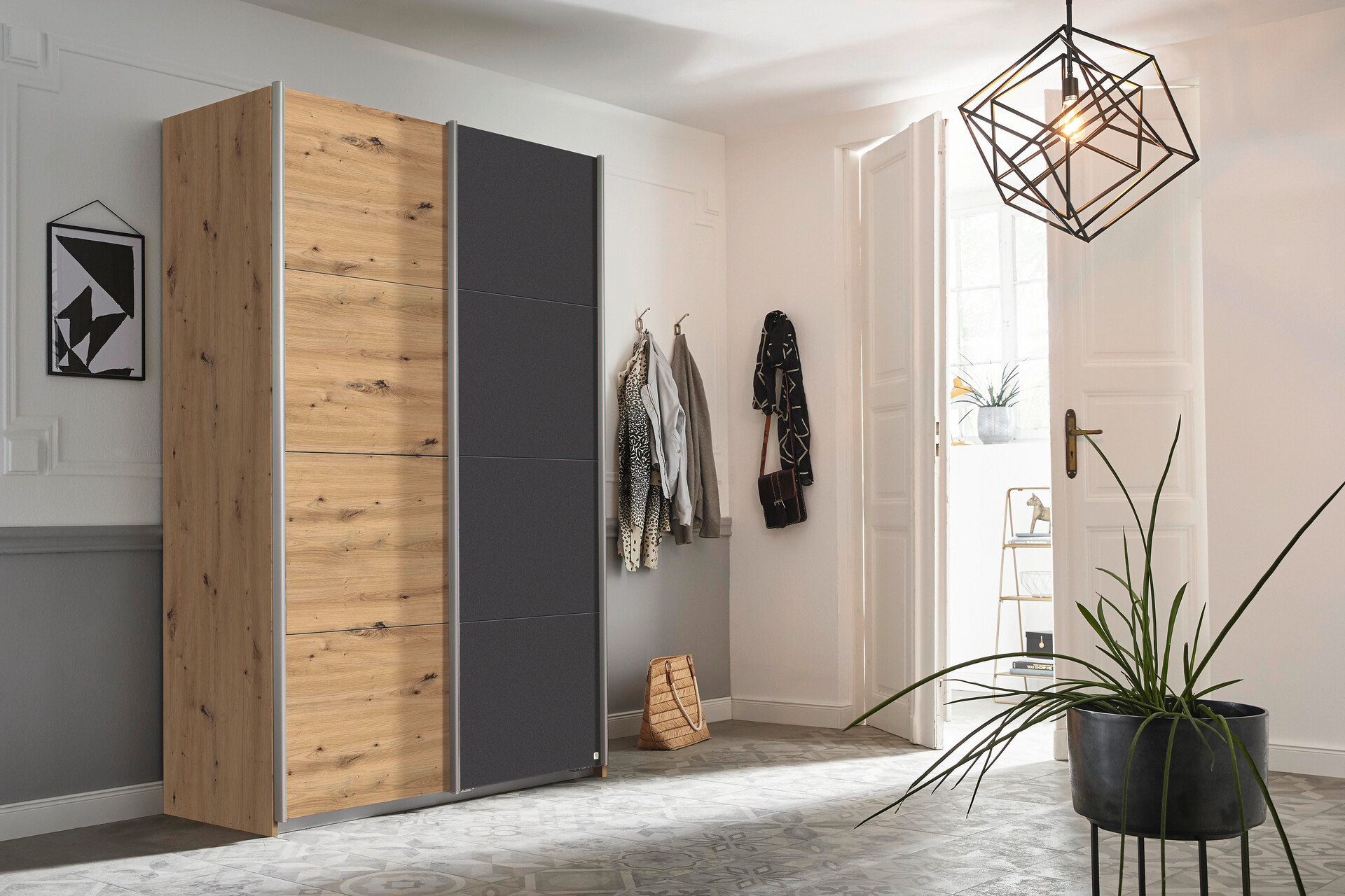 Schwebetürenschrank Quadra Eiche Artisan grau B/H/T: ca. 136x210x57 cm