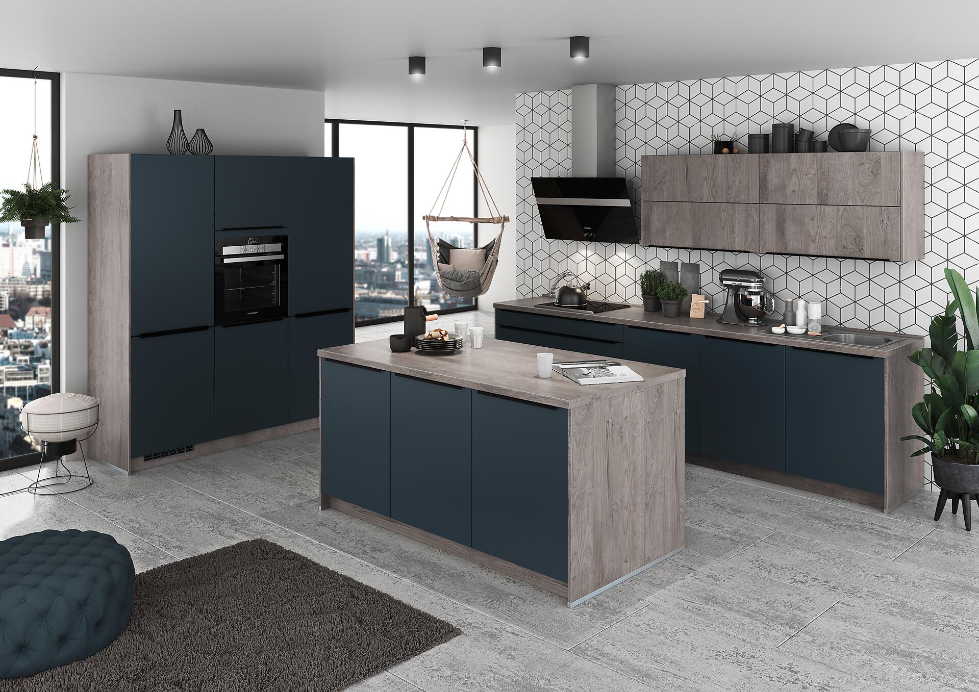 artego Inselküche Feel/Artwood schwarzblau B/T/L: ca. 300x60x180 cm