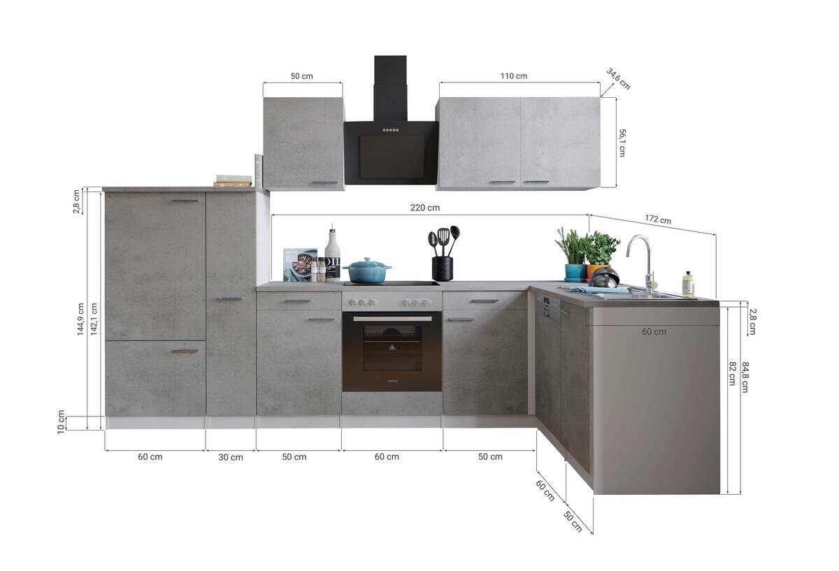 Respekta Winkelküche Malia Beton Optik B/H/T: ca. 310x200x172 cm