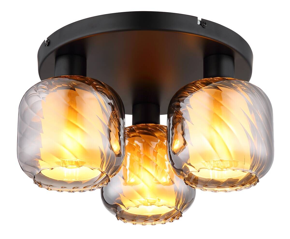 GLOBO Deckenleuchte mattschwarz Rauch Metall Glas H/D: ca. 19x37 cm E27 3 Brennstellen