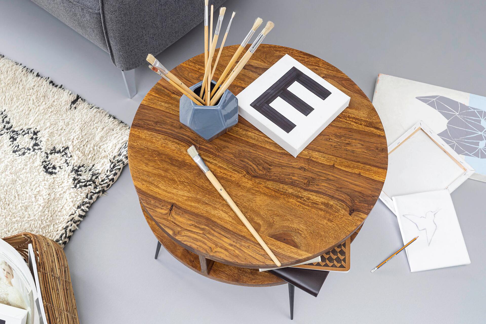 Wohnling Couchtisch natur schwarz Echtholz Edelstahl