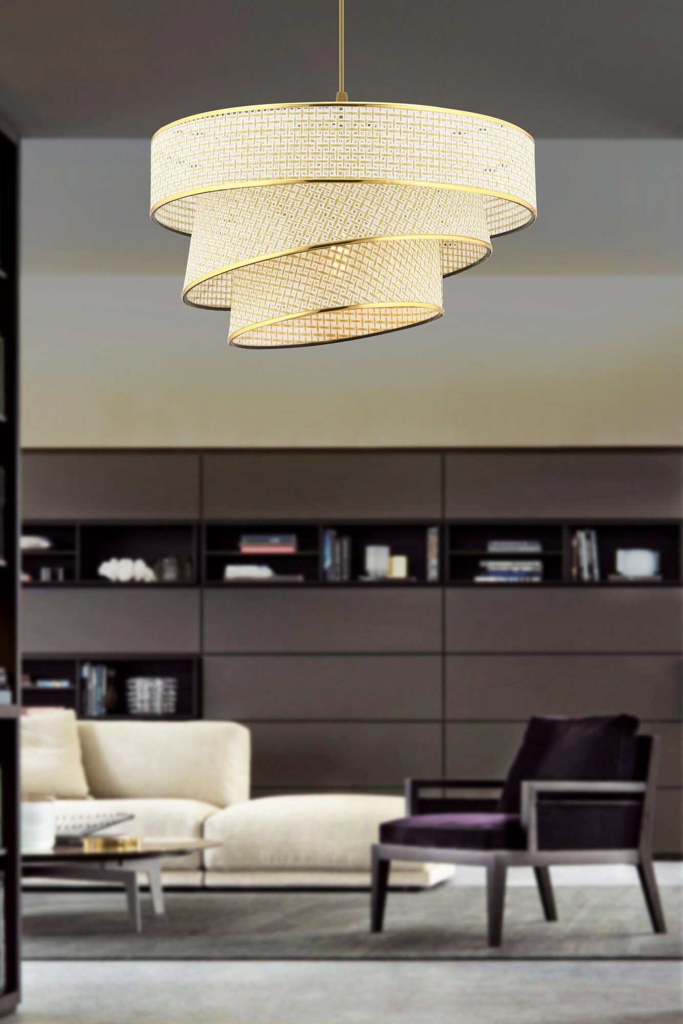 Opviq Pendelleuchte Couper gold creme Metall Baumwolle B/H/L: ca. 40x72x40 cm E27 1 Brennstellen