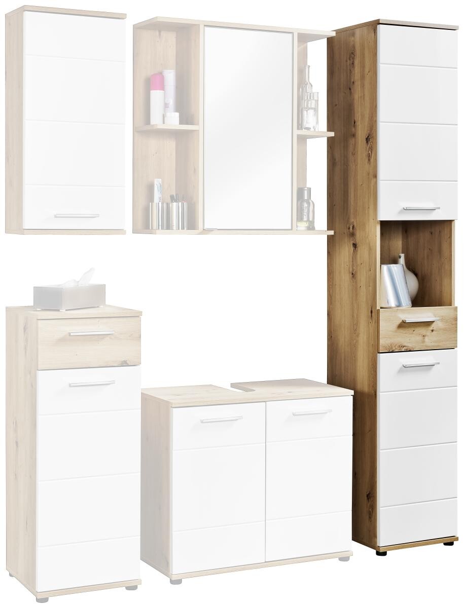 Badhochschrank Bergen Eiche Artisan Nachbildung weiß Hochglanz B/H/T: ca. 35x195x35 cm