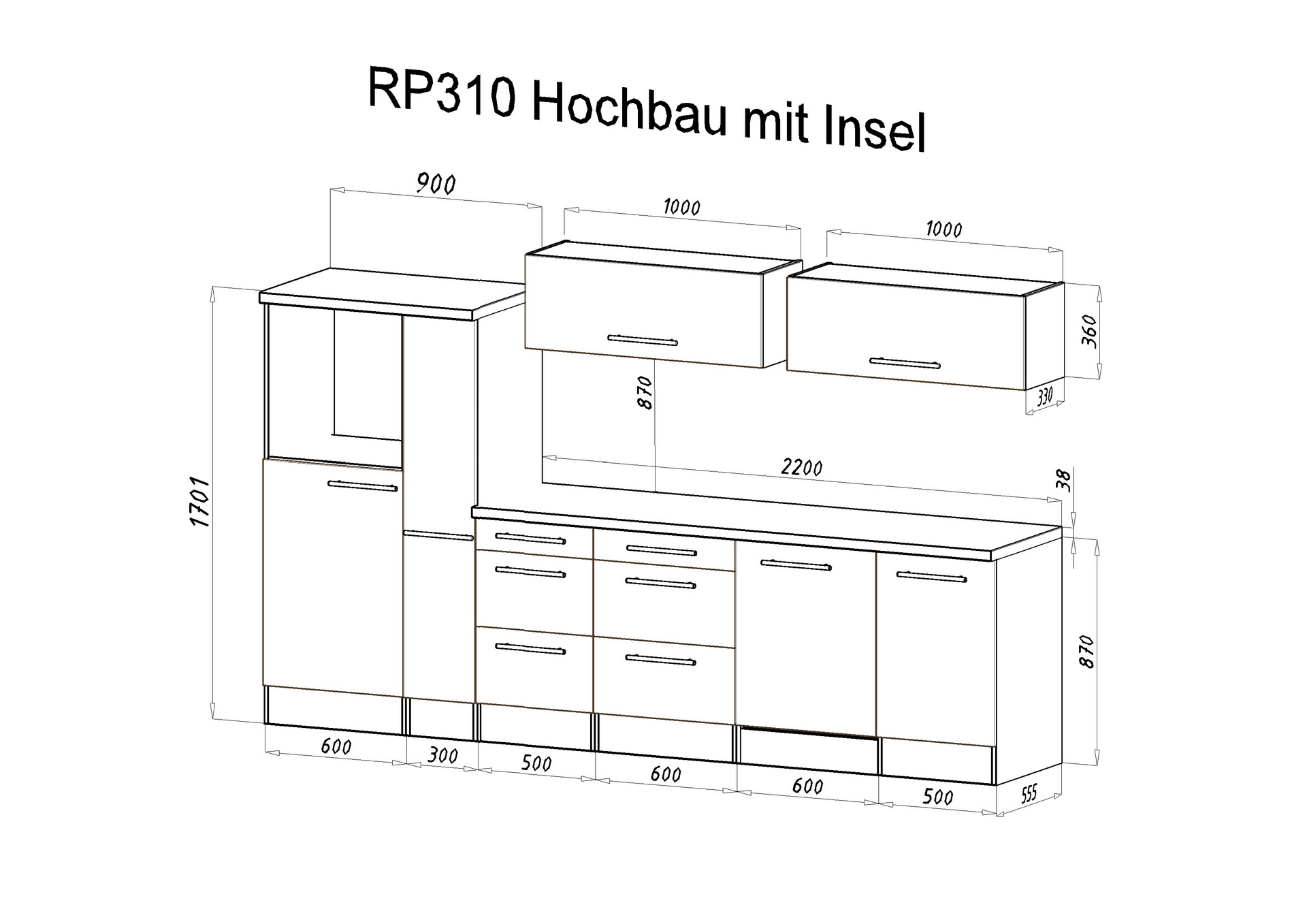 Respekta Inselküche Premium grau hochglänzend B/H/T: ca. 310x200x270 cm