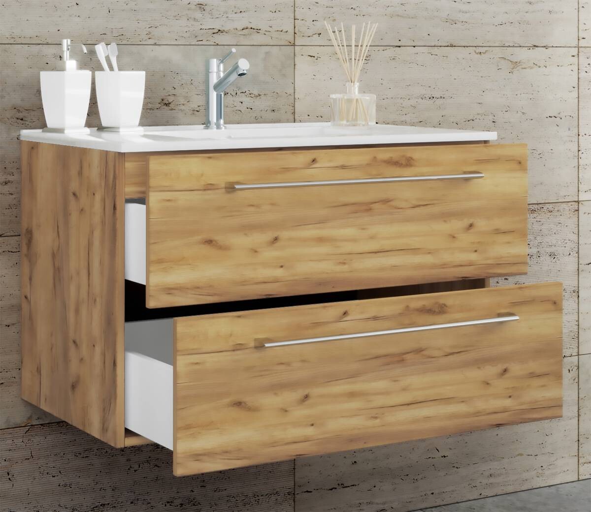 Badblock 2tlg-Badinos weiß Eiche Honig Nachbildung B/H/T: ca. 81x52x46 cm