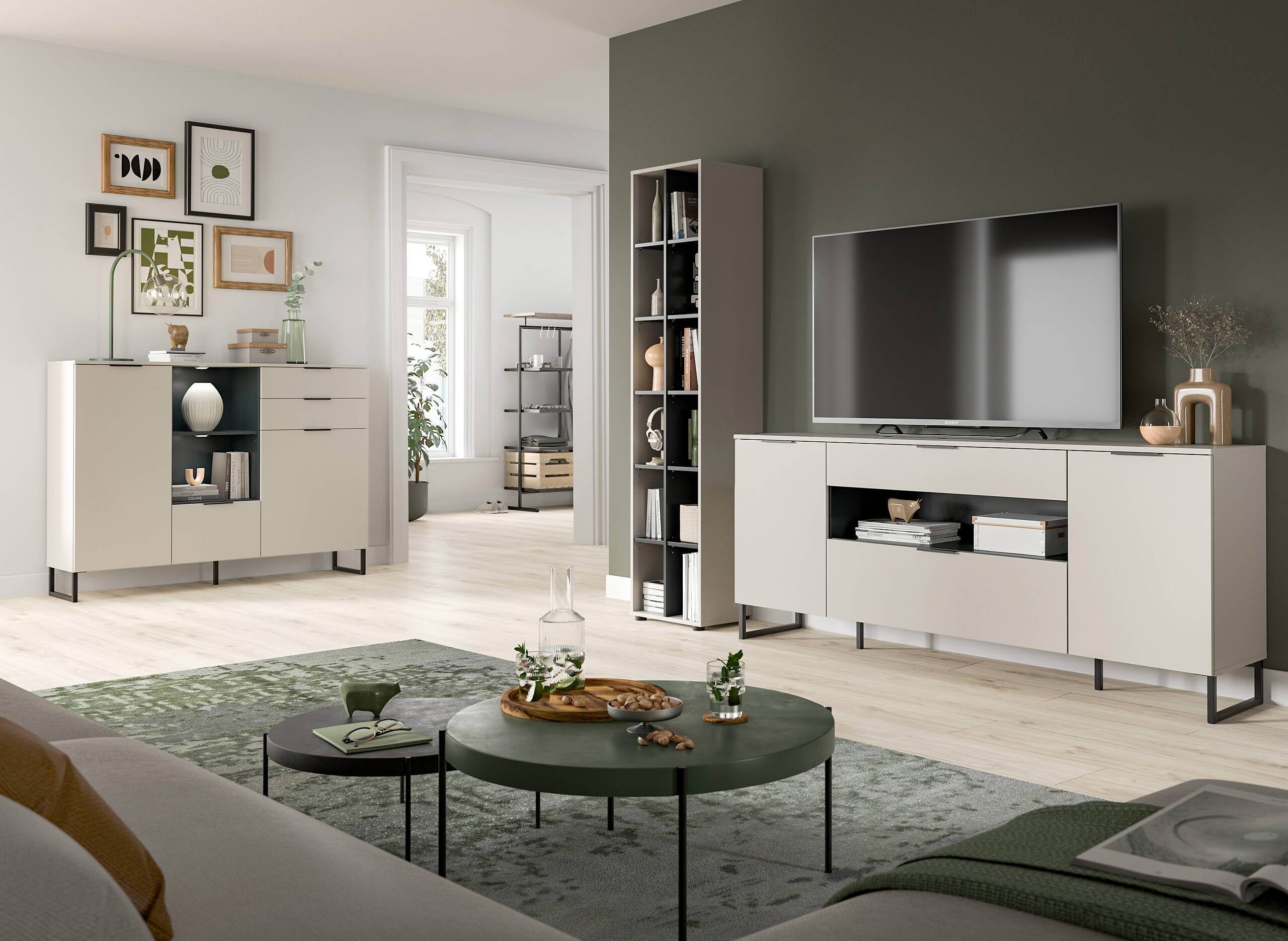 Wohnwand Noida Kaschmirgrau Nachbildung schwarz B/H/T: ca. 245x192x41 cm