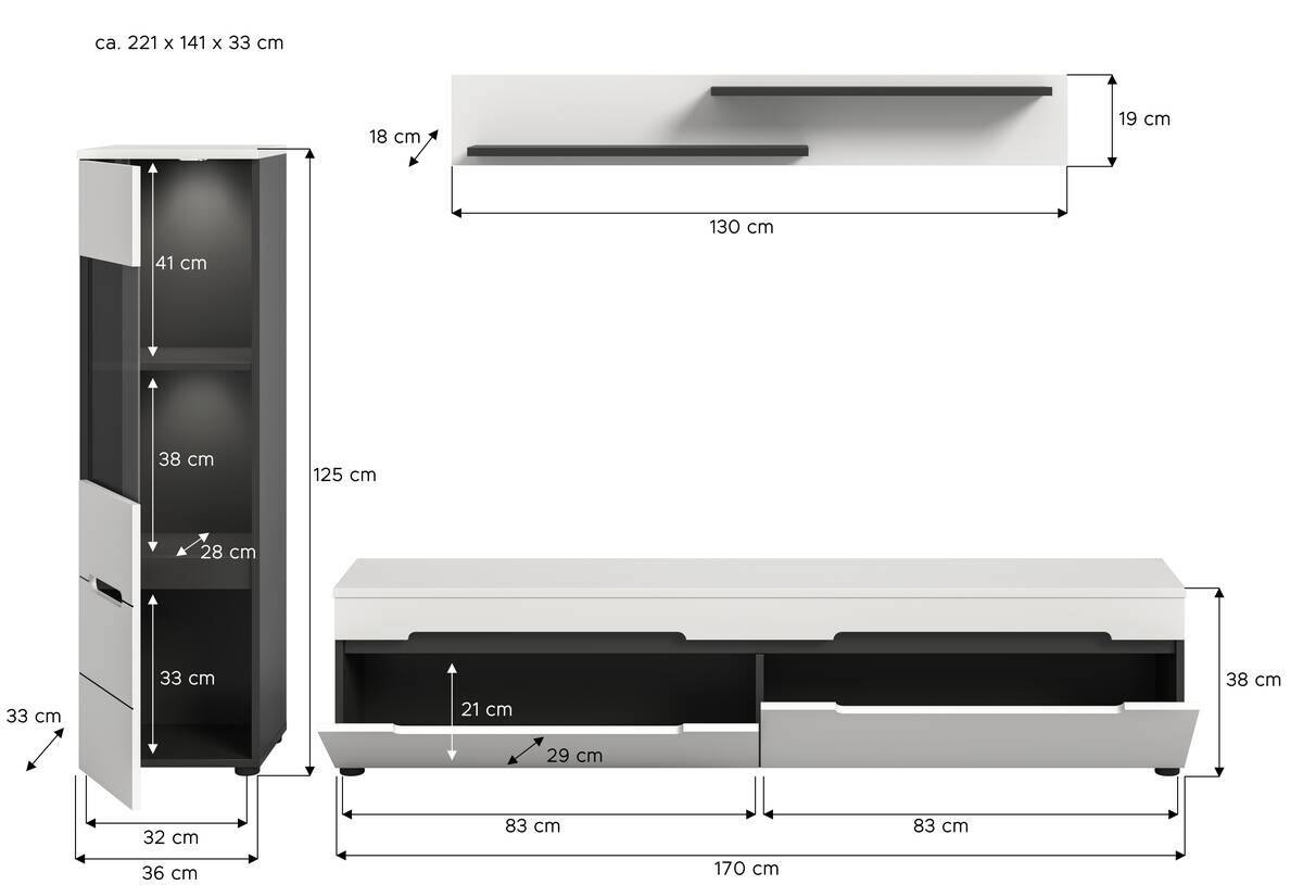 Wohnwand Canu basaltgrau weiß B/H/T: ca. 221x141x33 cm