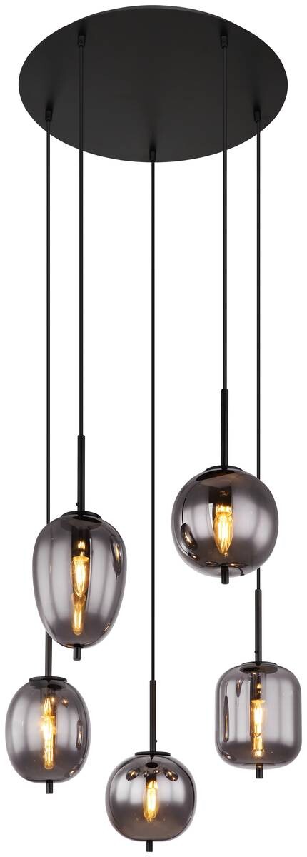 GLOBO Pendelleuchte Blacky 15345-5 schwarz natur Rauch Metall Aluminium Glas H/D: ca. 150x57,5 cm E14 5 Brennstellen