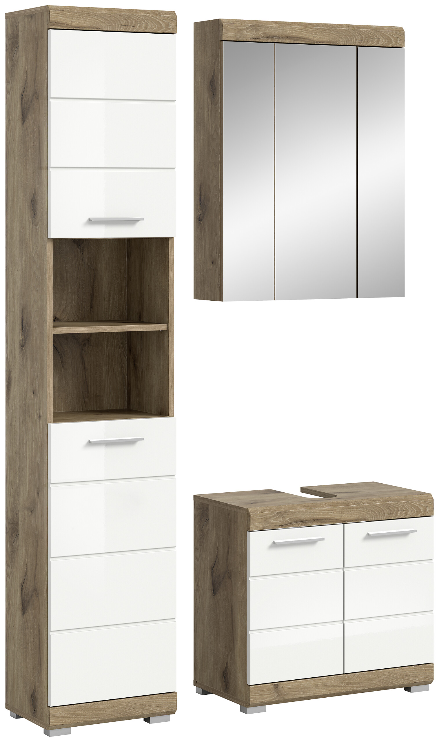 Badezimmer-Set Wave weiß Hochglanz Nox Oak Nachbildung B/H/T: ca. 112x191x34 cm Badezimmer-Set Wave weiß Hochglanz Nox Oak Nachbildung B/H/T: ca. 112x191x34 cm